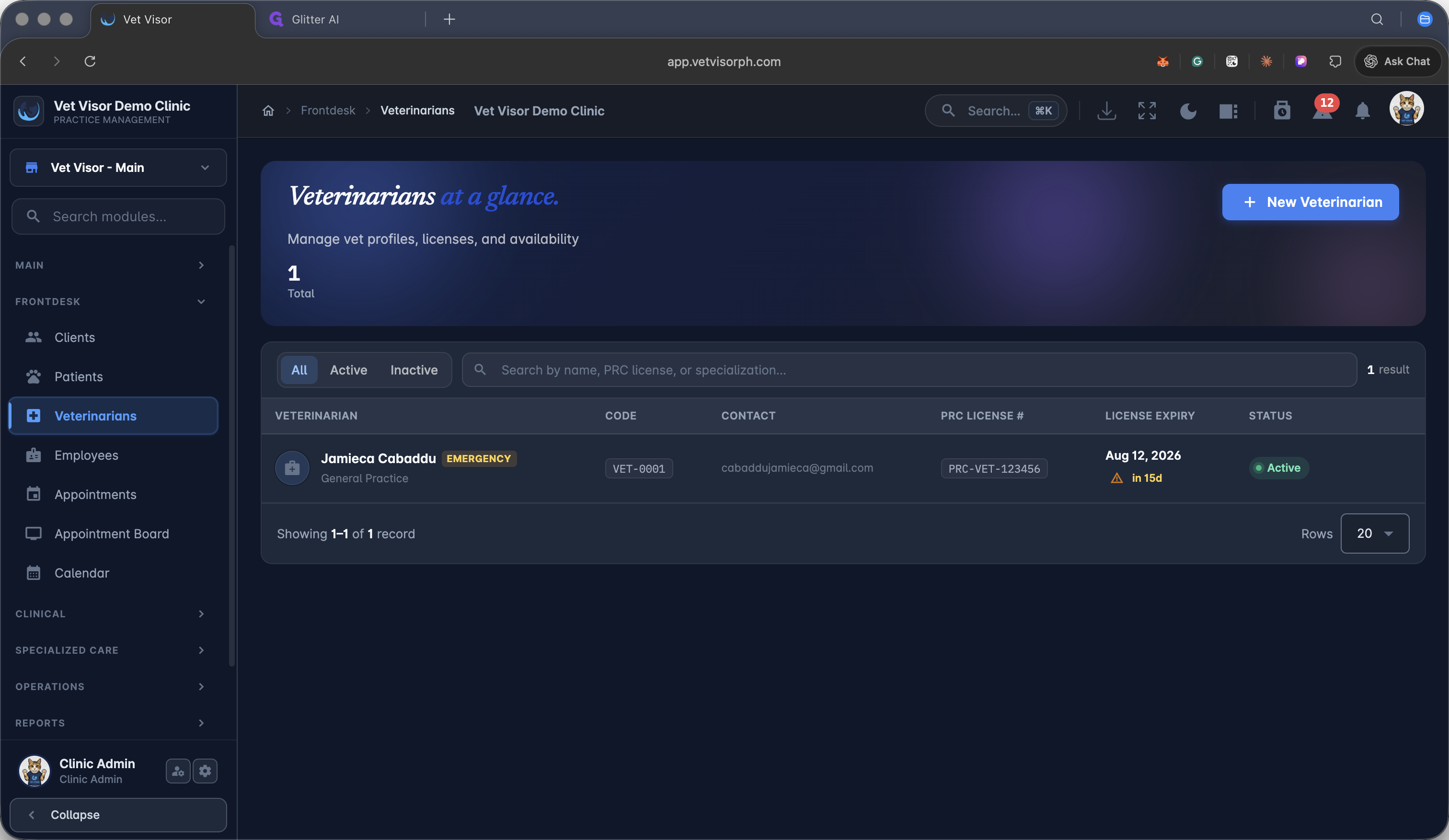 Step #2: Click + New Veterinarian in the upper-right corner of the dashboard.
