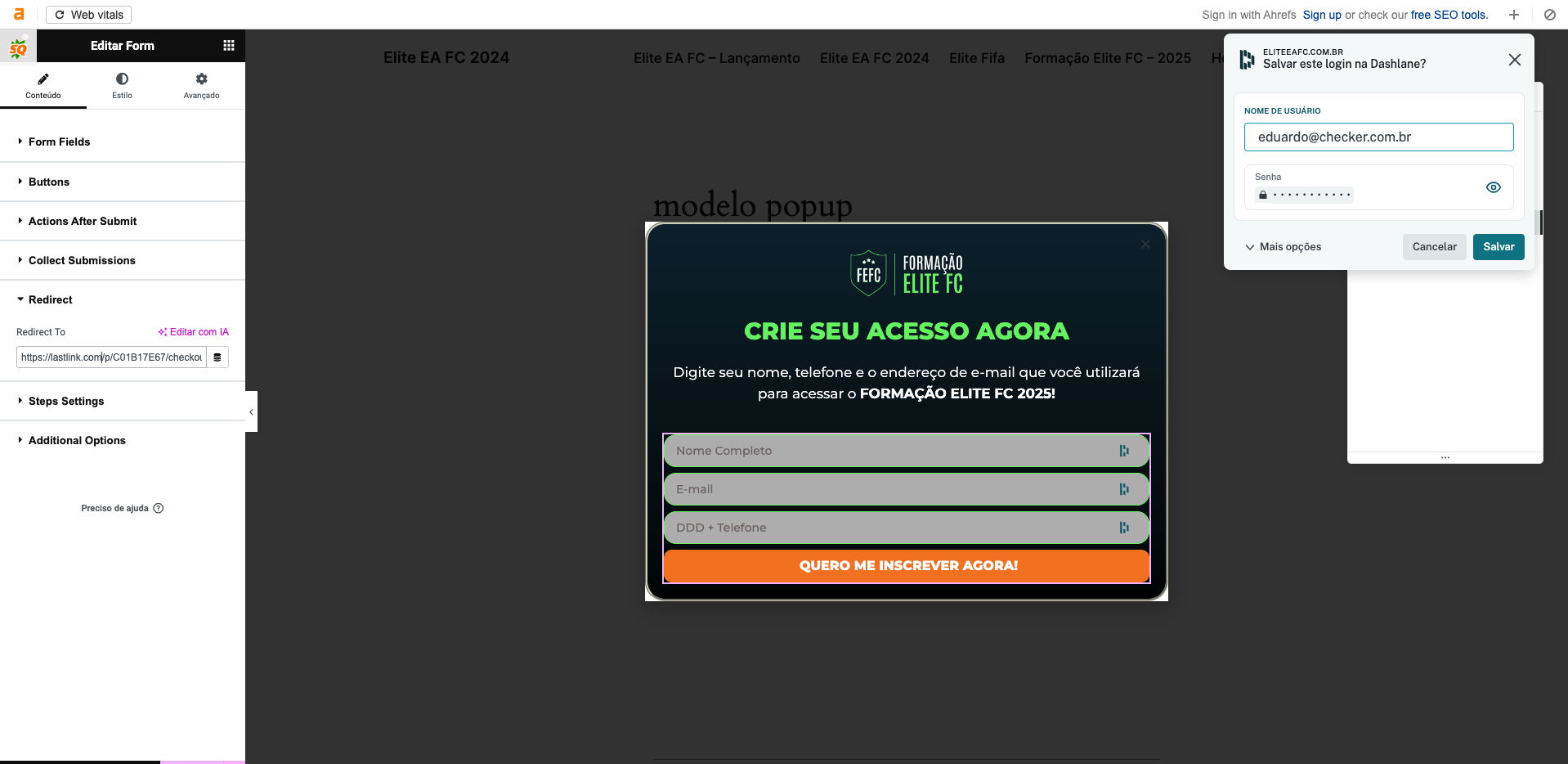 Step #9: Clique em em "Redirect To" e cole o link do checkout, na formatação correta.