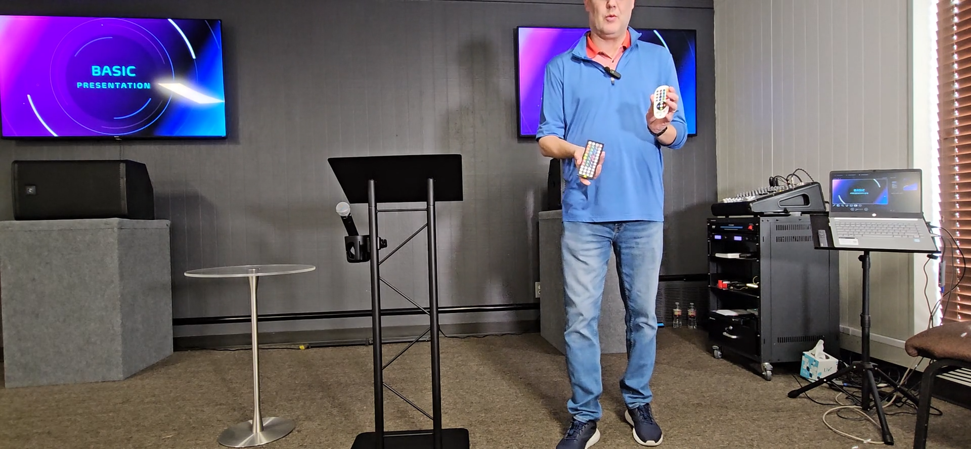 Step #13: To turn on the floor lights, press the green 'on' button on the small white remote.