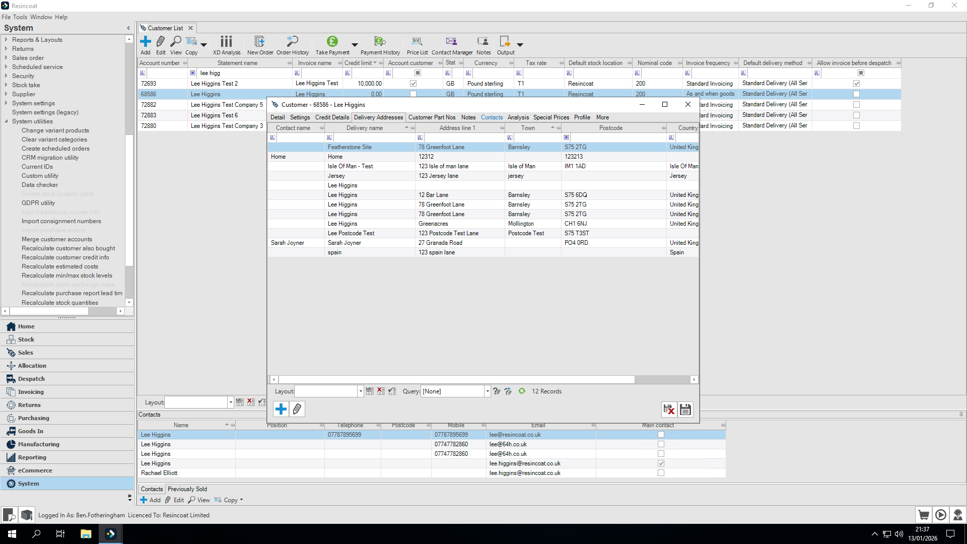 Step #13: Repeat for contacts, amending and deleting as appropriate