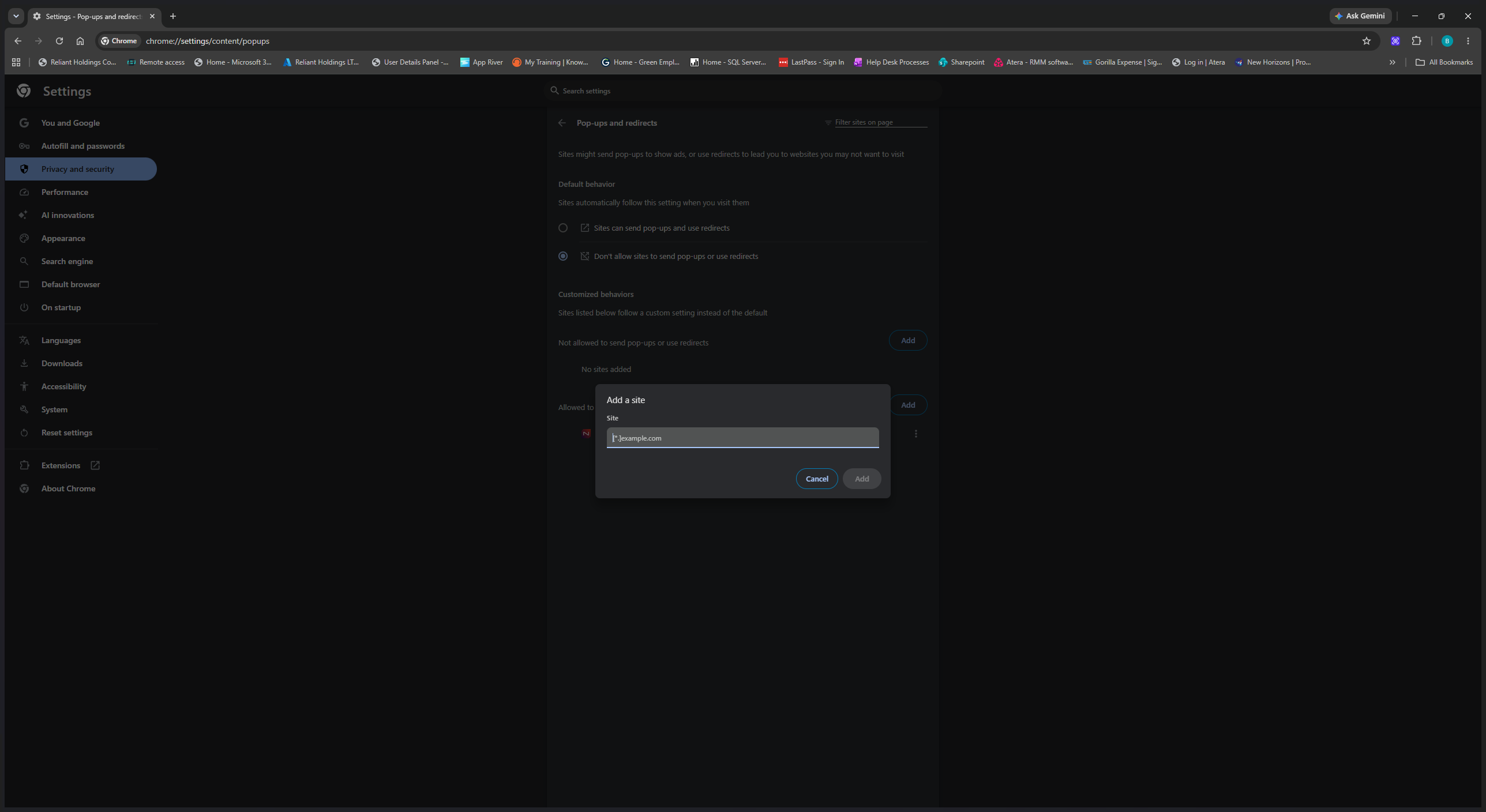 Step #5: In the modal that appears, type or paste the exact URL of the website you wish to allow.