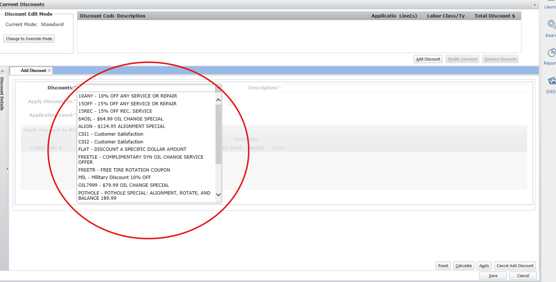 Step #22: Select the relevant fee or discount (e.g., DISCOUNTED LOF) from the list and click OK.