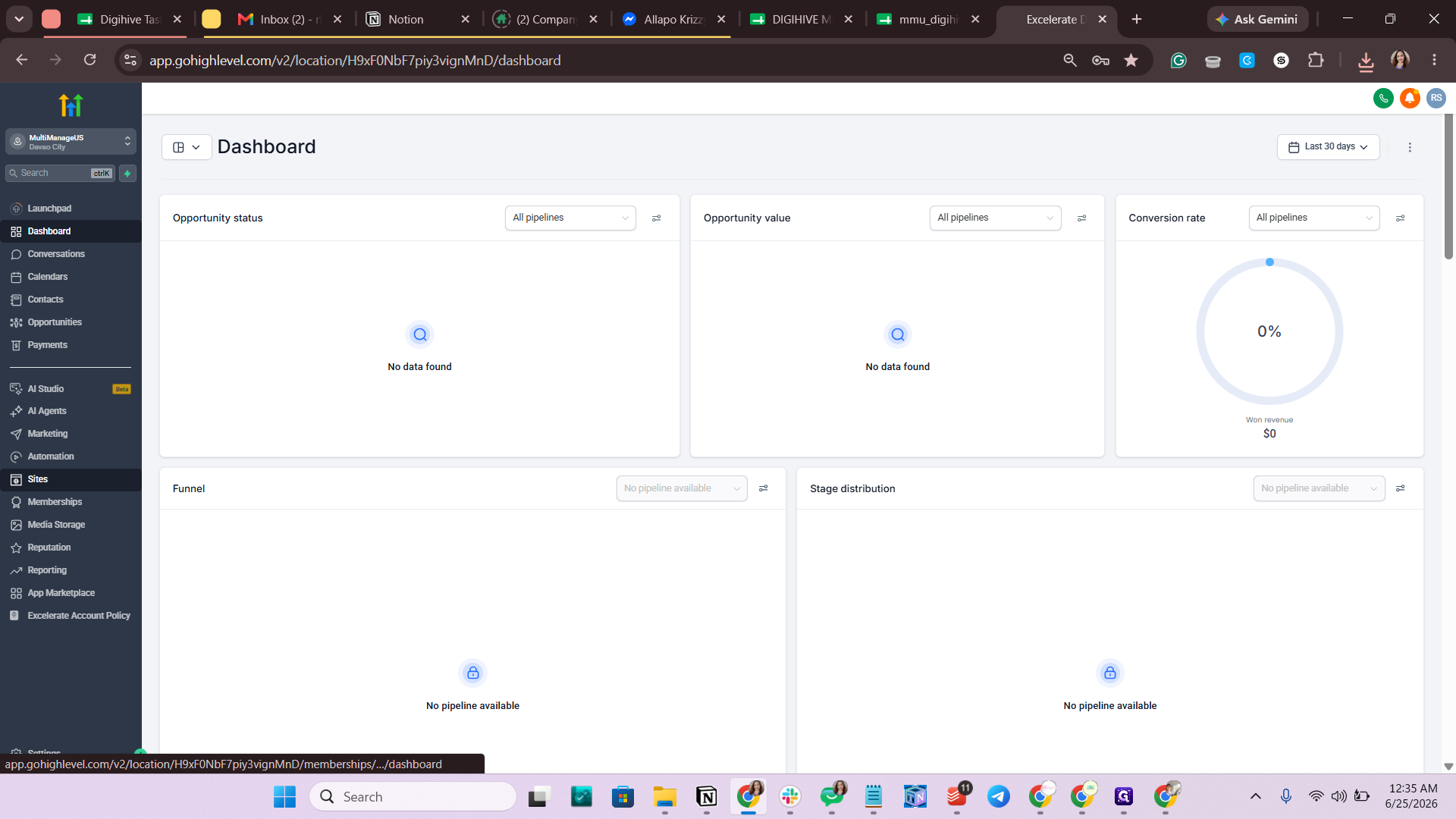 Step #3: Log in to GoHighLevel and click Sites in the main navigation.