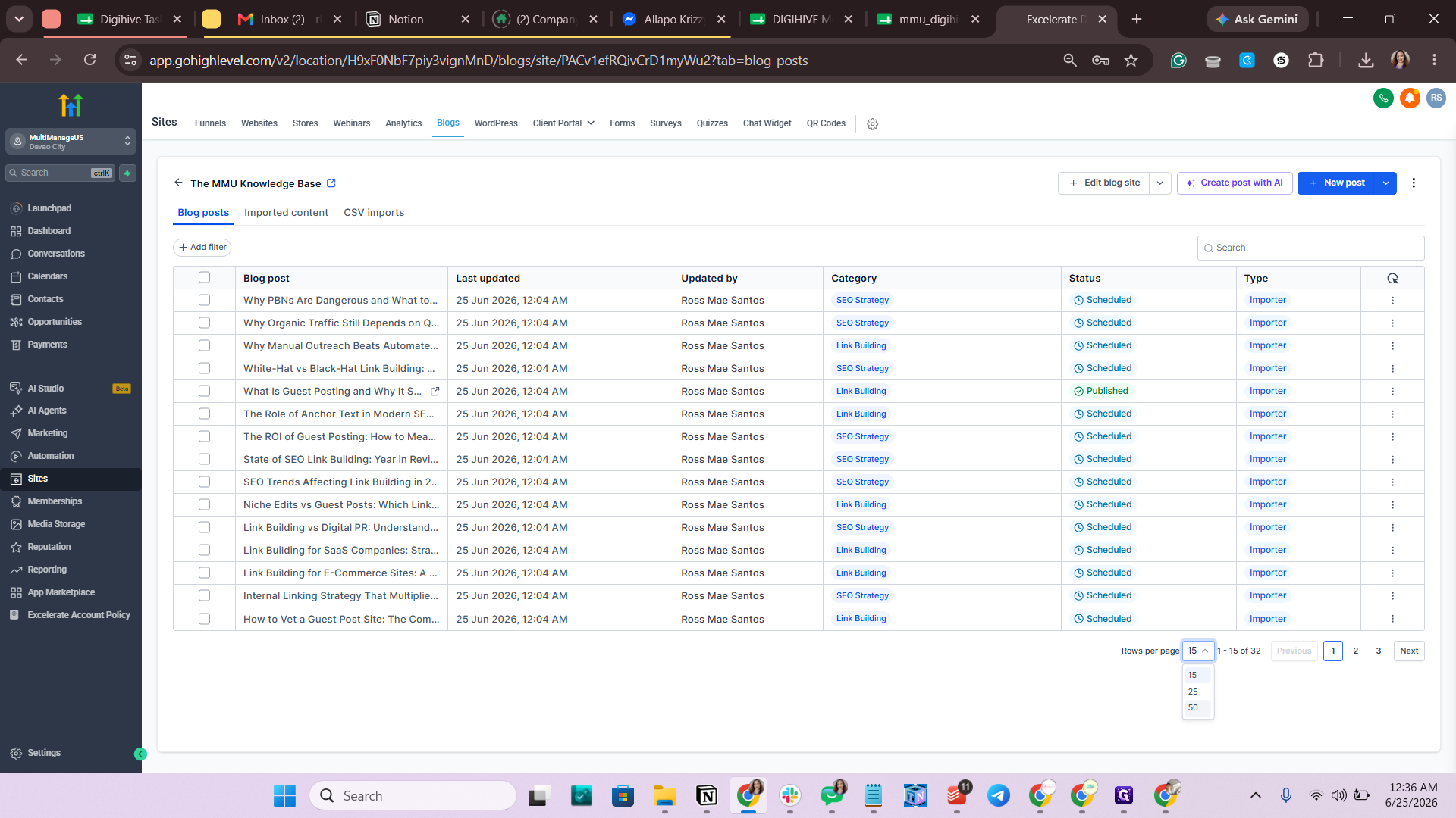 Step #14: Change the rows per page view to 50 to see a larger batch of your newly imported posts at once.