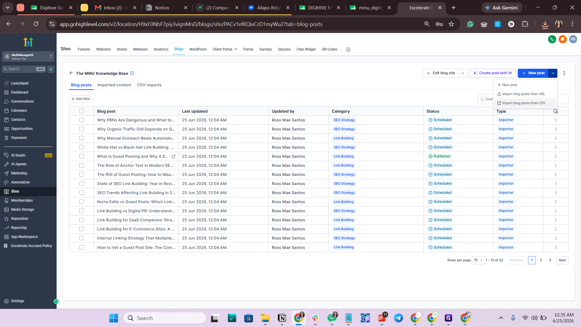 Step #7: Select Import blog posts from CSV.