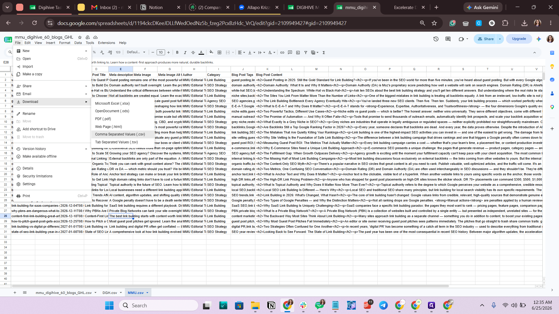 Step #2: Select Download, then click Comma Separated Values (.csv) to save the file to your computer.