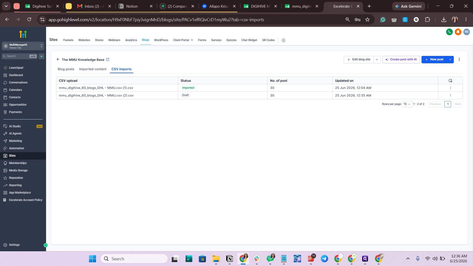 Step #13: Click the back arrow to return to your main blog dashboard to review the newly populated list.