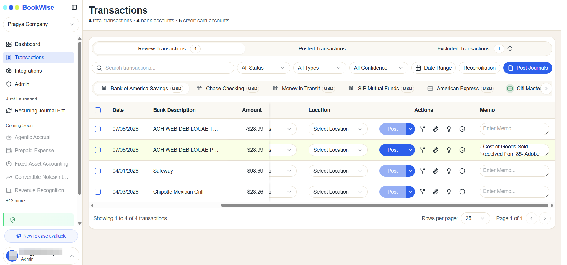 Step #3: Click the text input field in the Memo column. If needed type a descriptive note explaining the transaction.