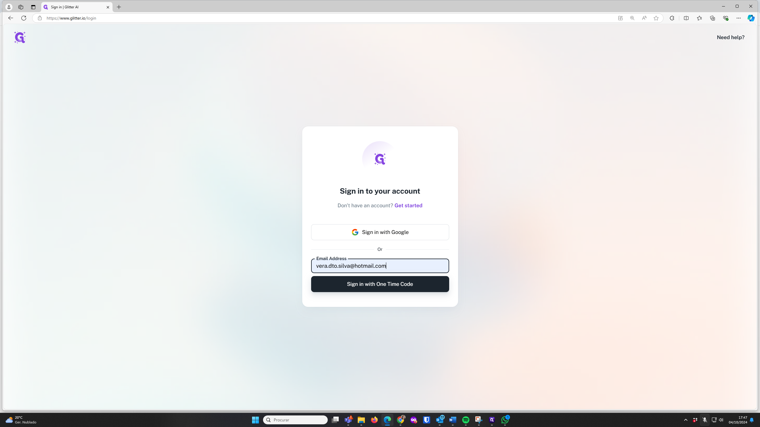 Step #4: Cliquem em "Sign in with One Time Code"