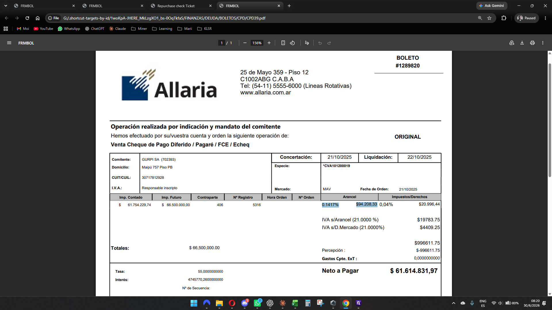 Step #6: Localizar las comisiones y Aranceles que se deben abonar a la ALyC por la negociación y a Mercado Abierto de Valores