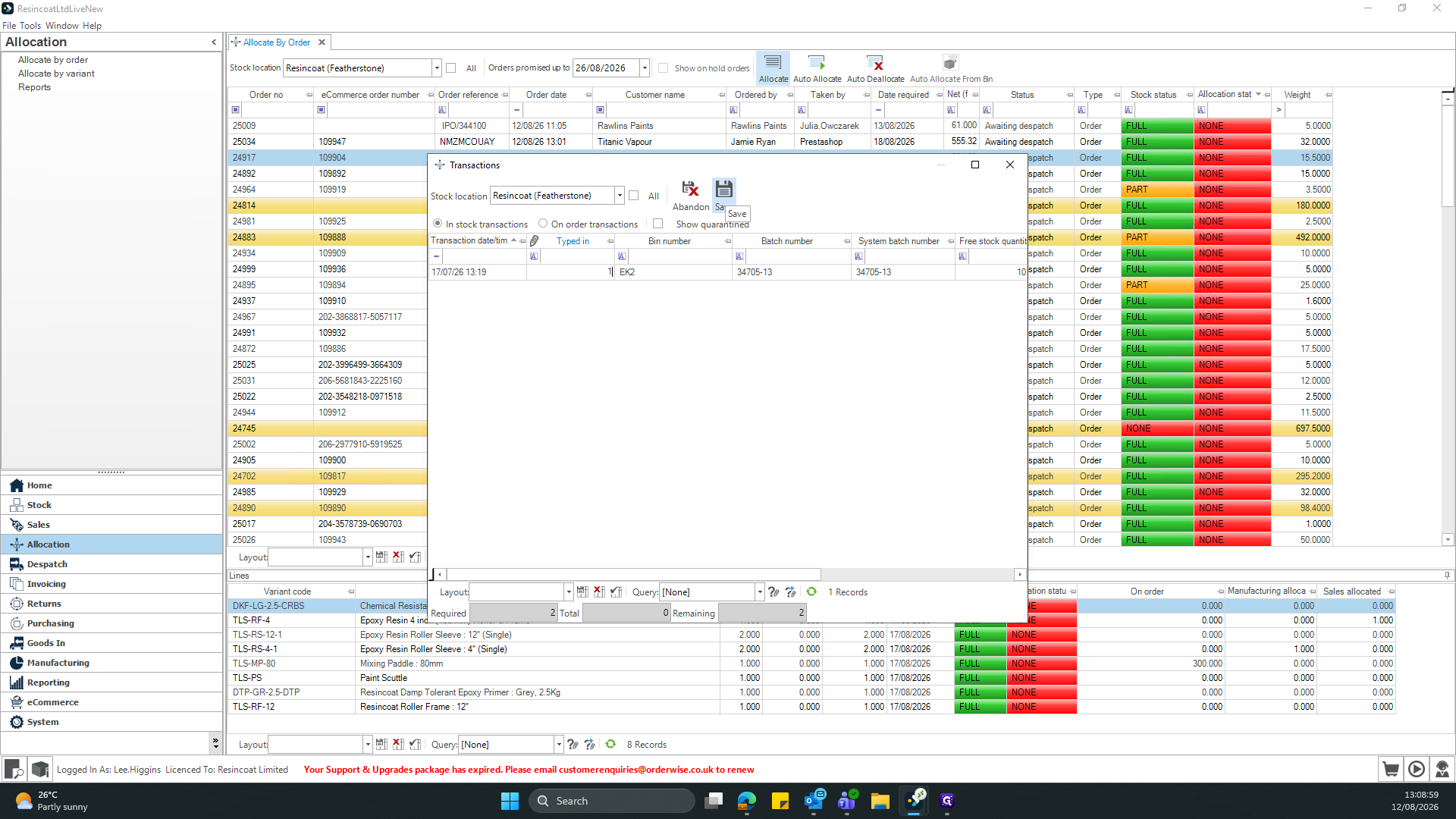 Step #13: Click the Save icon in the Transactions window to confirm your inventory allocations.