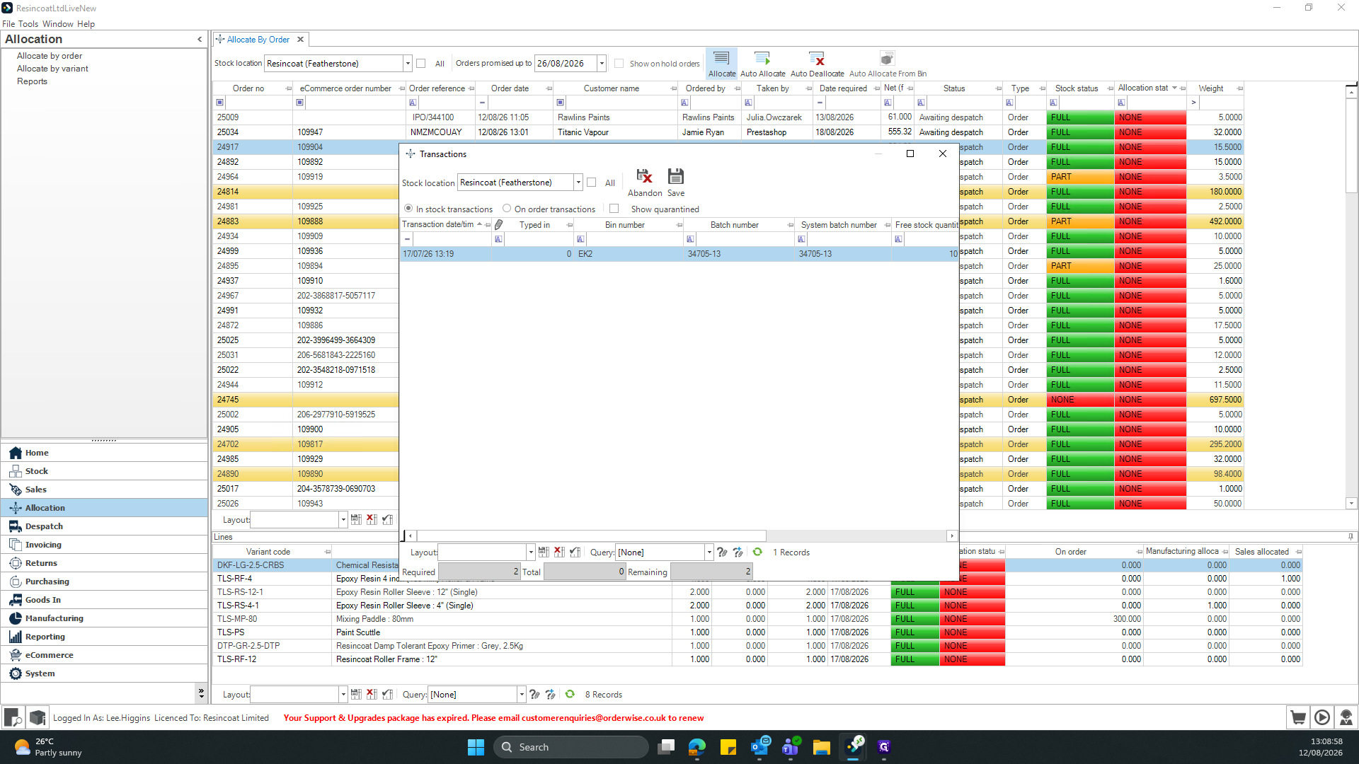 Step #11: Select the transaction row corresponding to the correct bin and batch number for the next item.