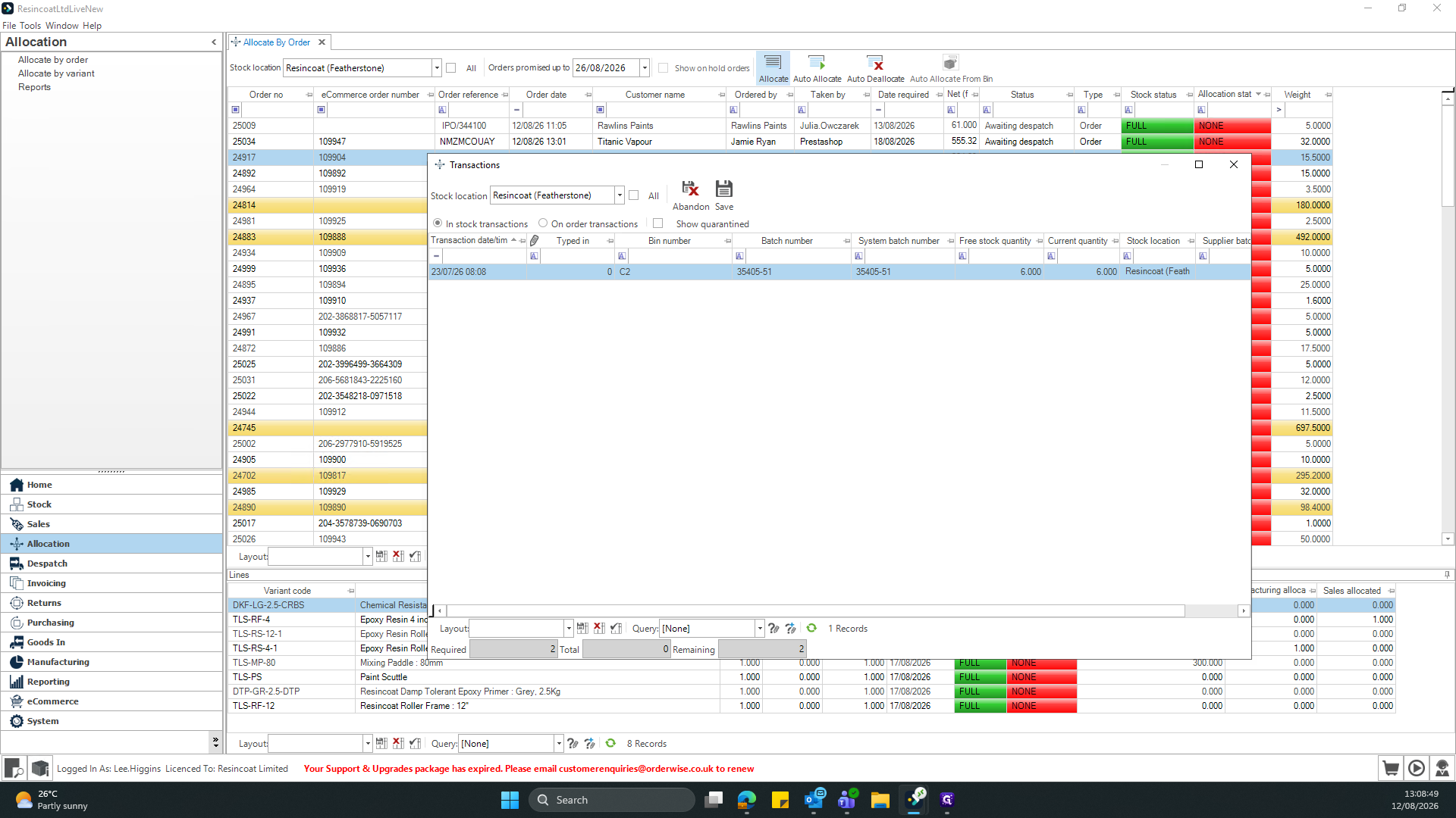 Step #8: Find the batch you wish to manually allocate within the Transactions window and enter the number you wish to take of each batch in the "Typed in" field.