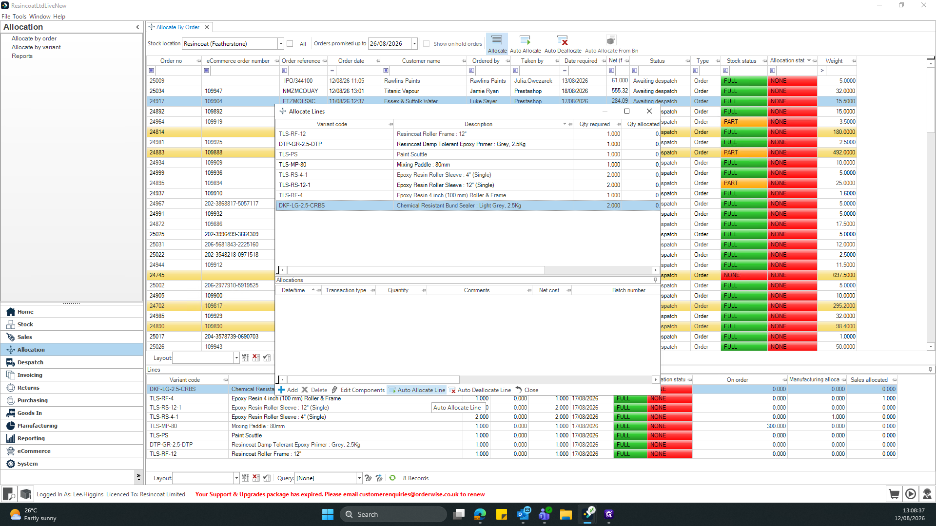 Step #5: Click Auto Allocate Line to open the allocation window (This builds the kit)