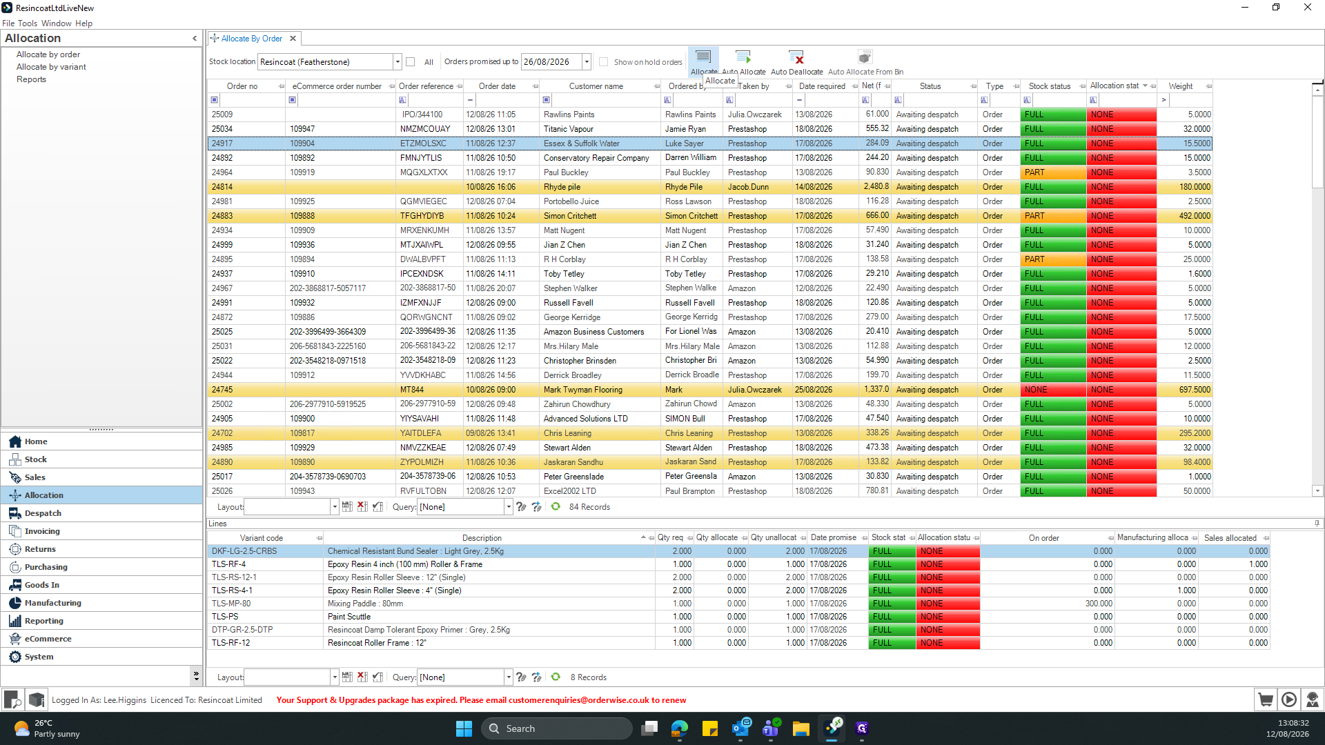 Step #4: Select allocate at the top once you've highlighted the order you want to allocate.