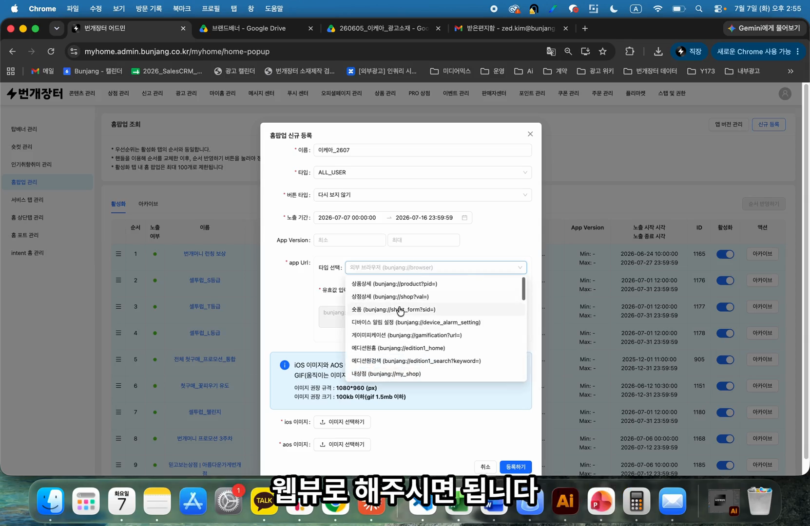 Step #9: 이동 경로(브릿지 페이지) 옵션에서 웹뷰를 선택합니다.