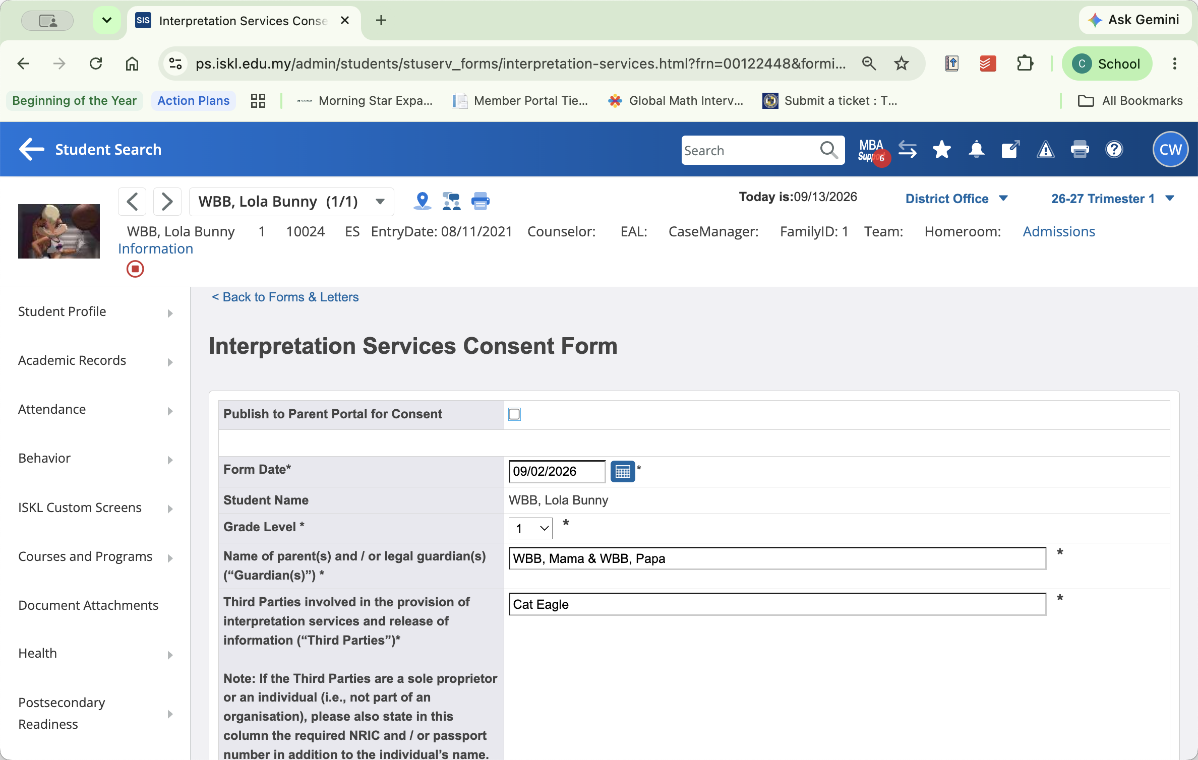 Step #5: Click the Publish to Parent Portal for Consent checkbox and then click Submit to save and publish the form to the Parent Portal.