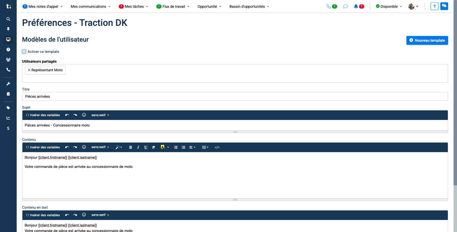 Step #5: Cochez la case "Activer ce template" pour que votre modèle soit actif