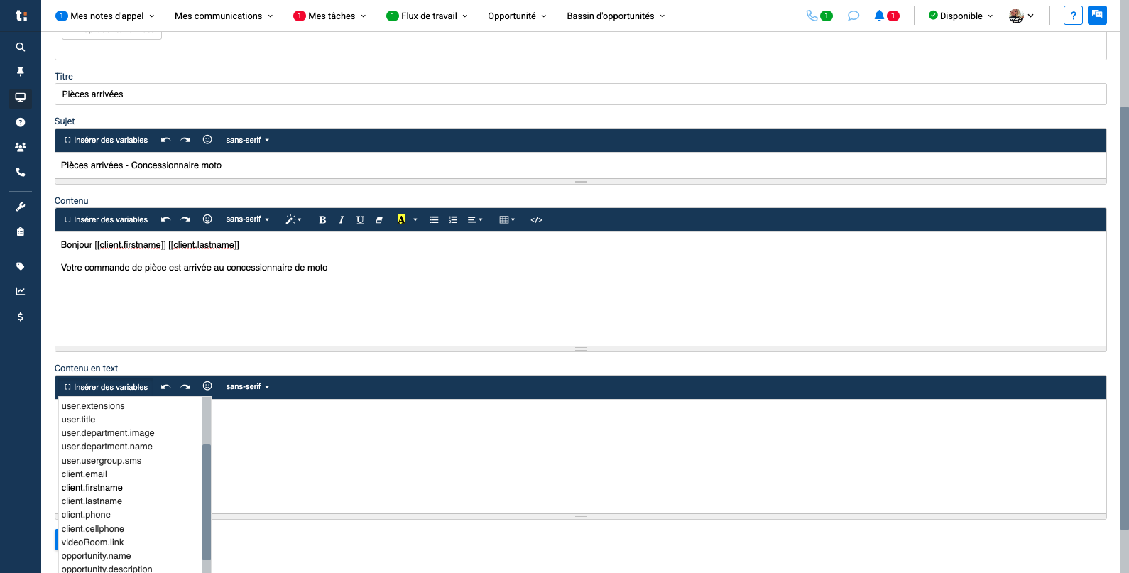 Step #14: Vous pouvez aussi utiliser des variables pour les SMS en cliquant sur "insérer des variables"