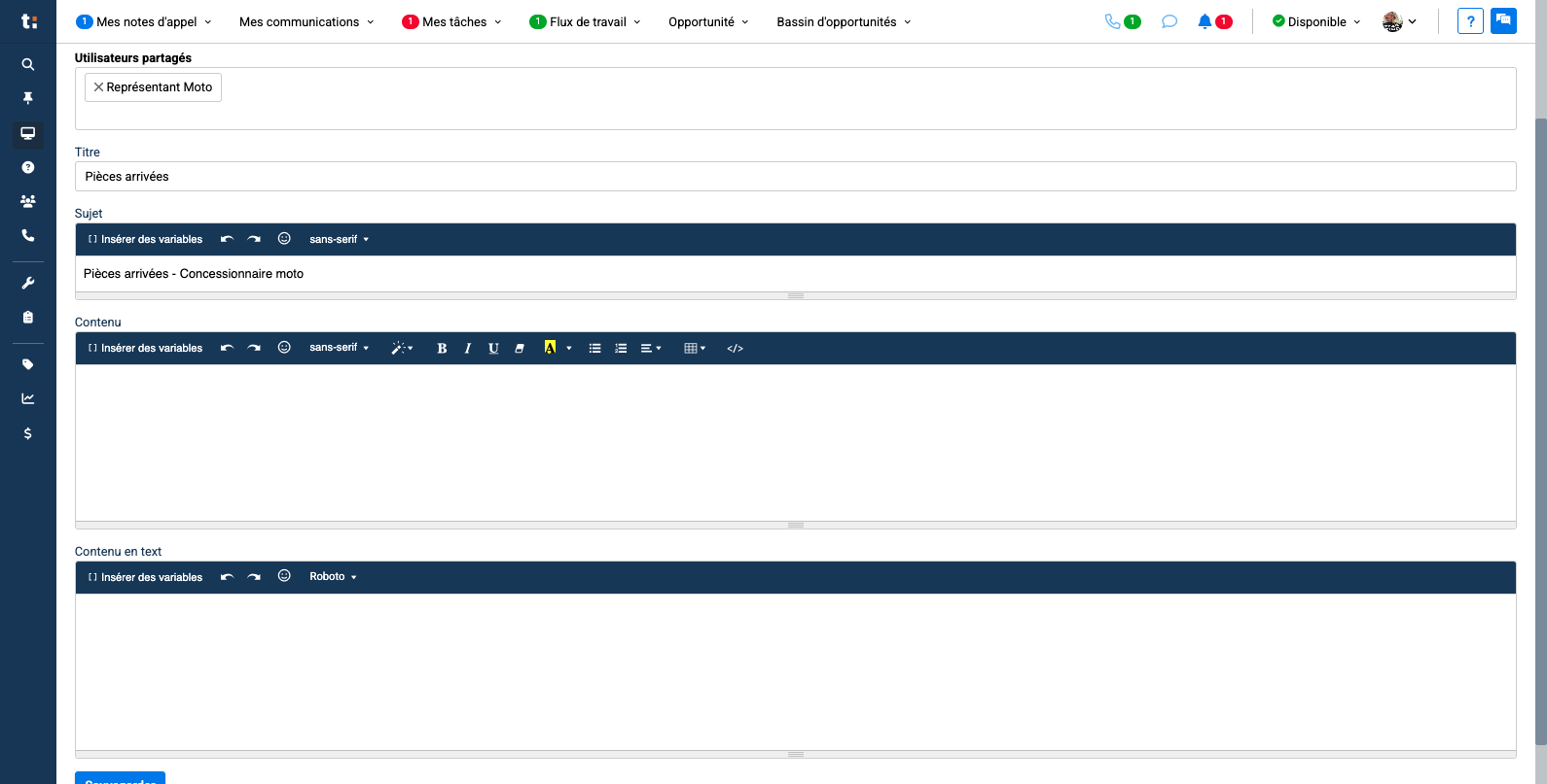 Step #10: Dans l'encadré "contenu" écrivez le modèle de courriel que le client recevra lorsque vous enverrez ce modèle par courriel