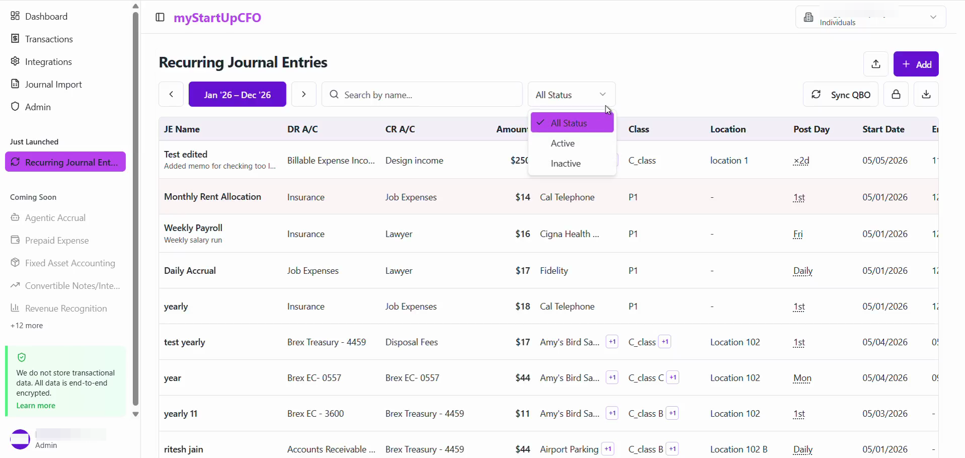 Step #2: Click the All Status dropdown menu at the top of the Recurring Journal Entries table to view the filtering options.