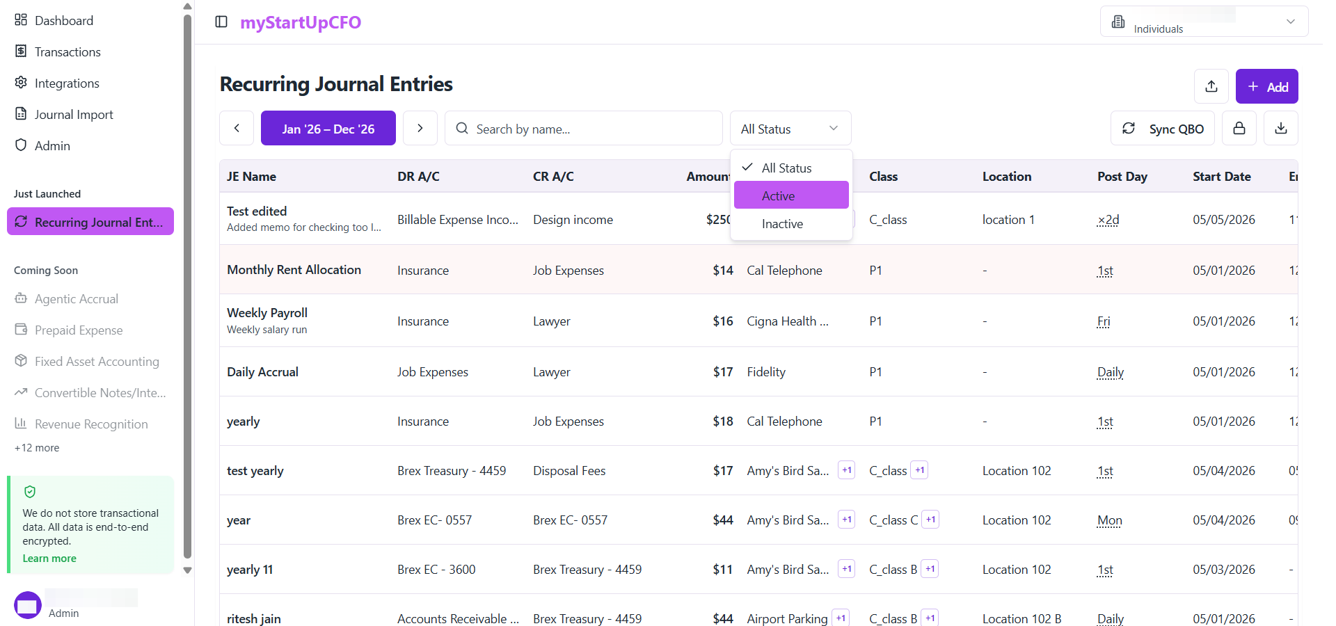 Step #3: Select Active from the list to filter the dashboard so it only displays currently active ledger entries.