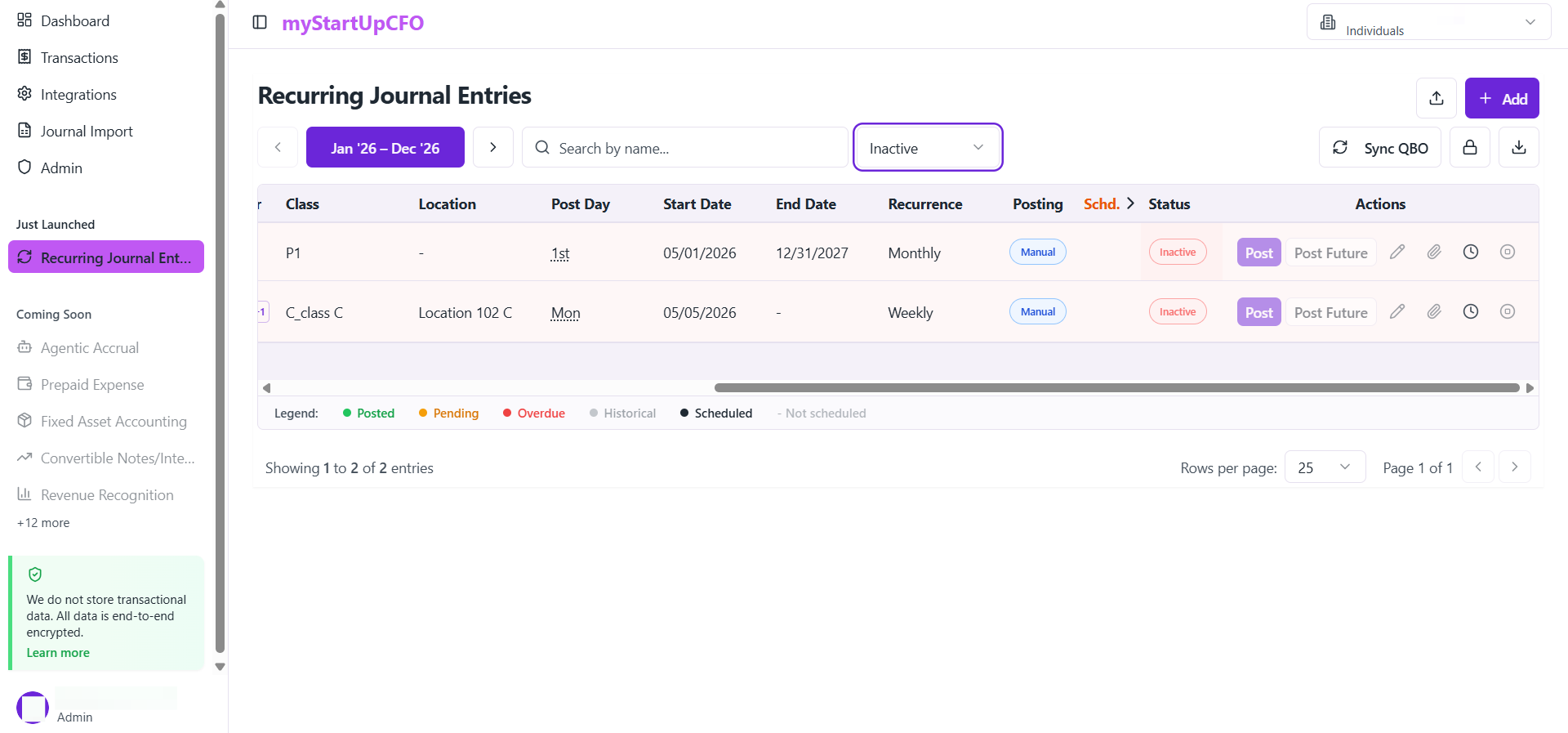 Step #6: The transaction list will update to display only the transactions that match the Inactive status.