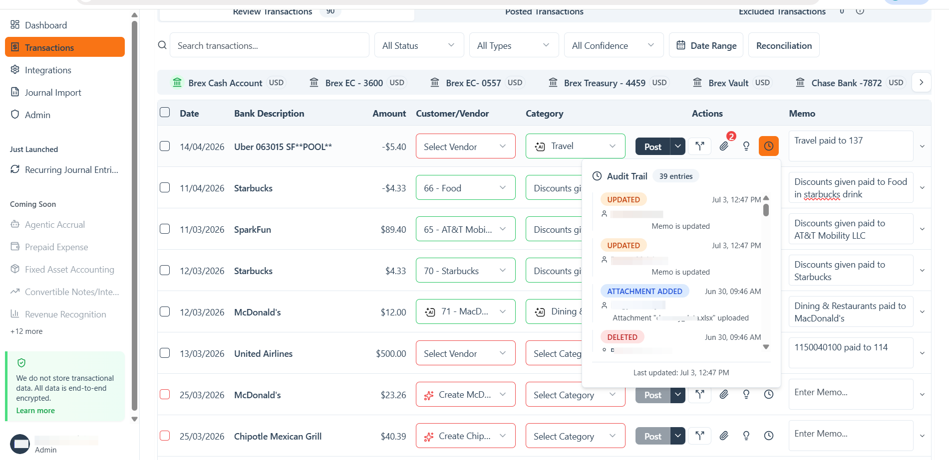 Step #4: Review the chronological list of activities performed on the transaction.