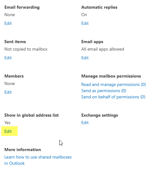 Step #25: Find and click on your userSelect 'Edit' under 'Show in global address list'