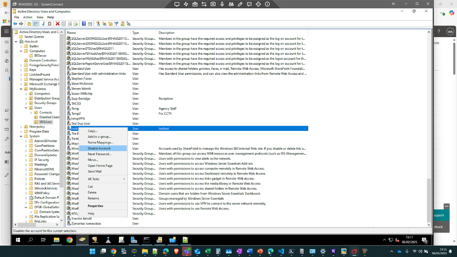 Step #39: Right click on the user and select "Disable Account"