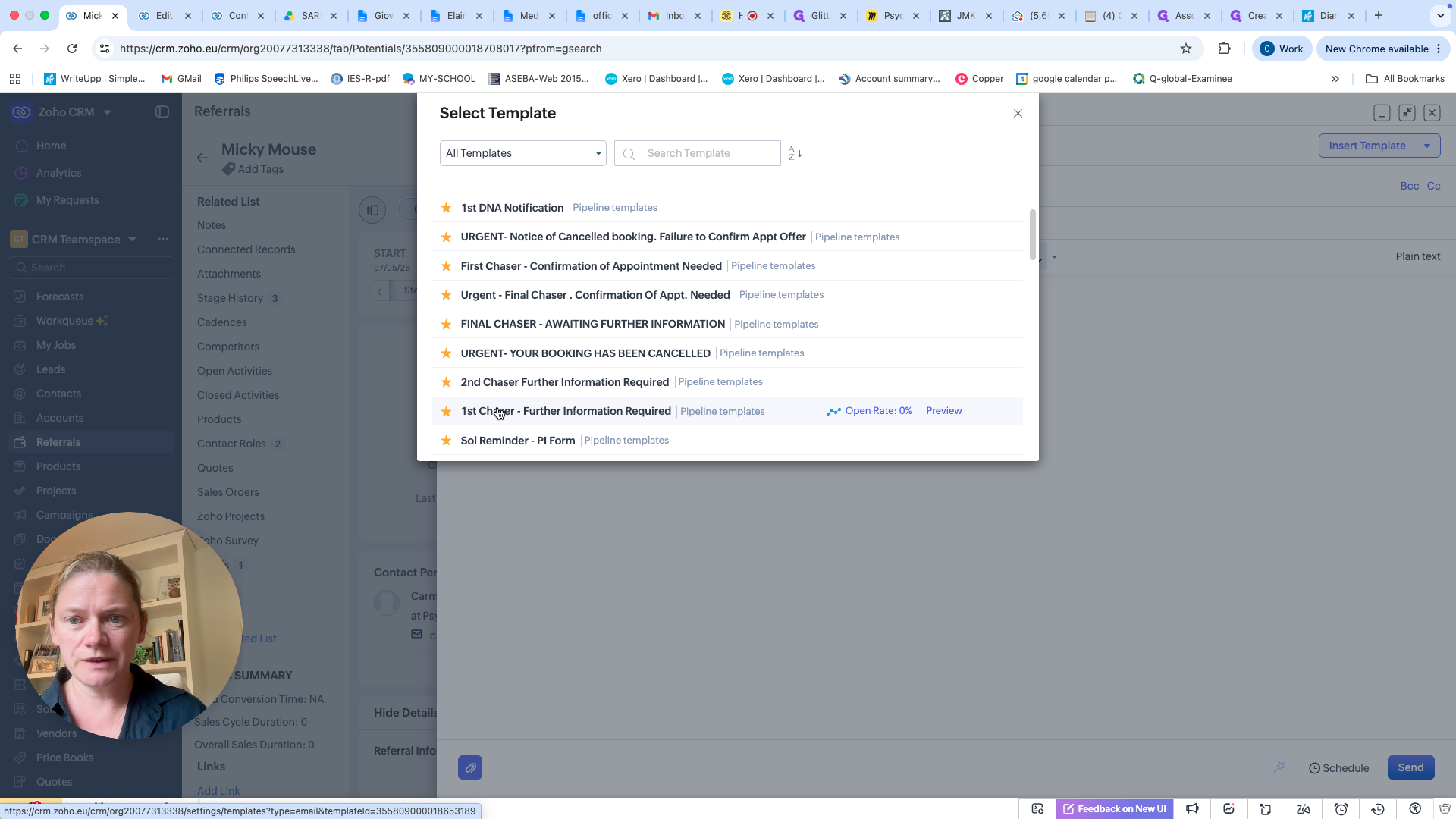 Step #4: Select the appropriate template from the list, such as 1st Chaser - Further Information Required. This automatically inserts the solicitor's name, the client's name, the reference number, and a standard message.