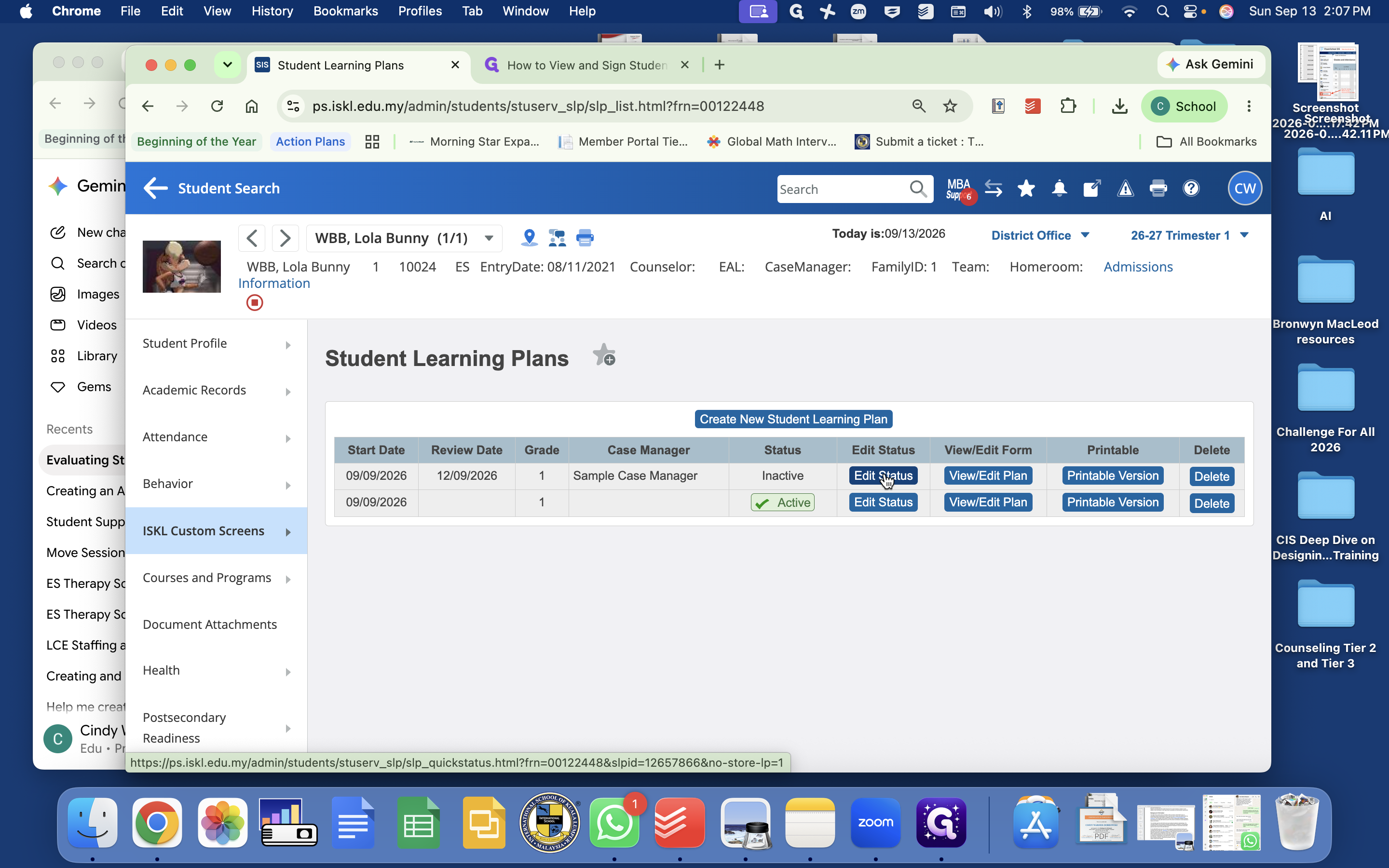 Step #6: Click on Edit Status in the Student Learning Plans table.