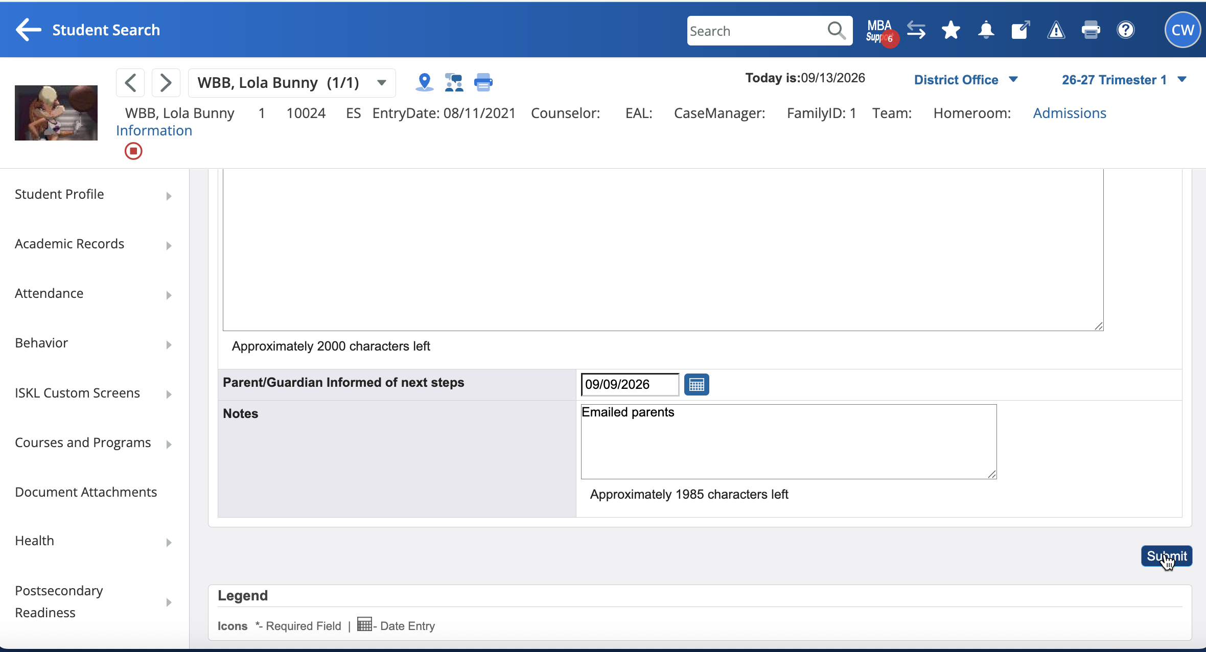 Step #10: Complete the review fields, including next steps and document parent notification. Click on Submit to save the review.