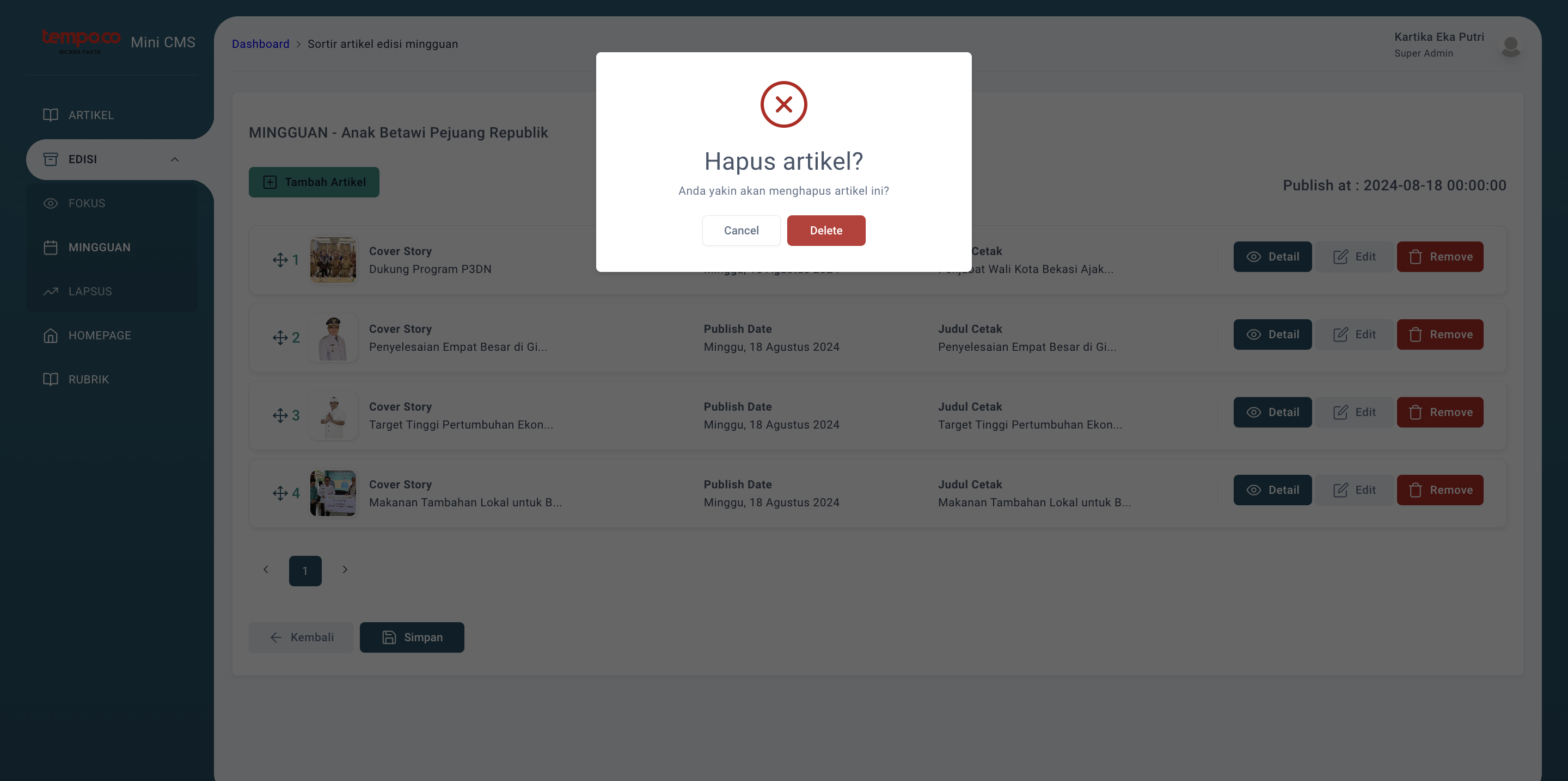 Step #14: Konfirmasi remove artikel, klik 'Delete'. Maka artikel tersebut nantinya juga tidak akan ditampilkan di Edisi Mingguan Single Brand