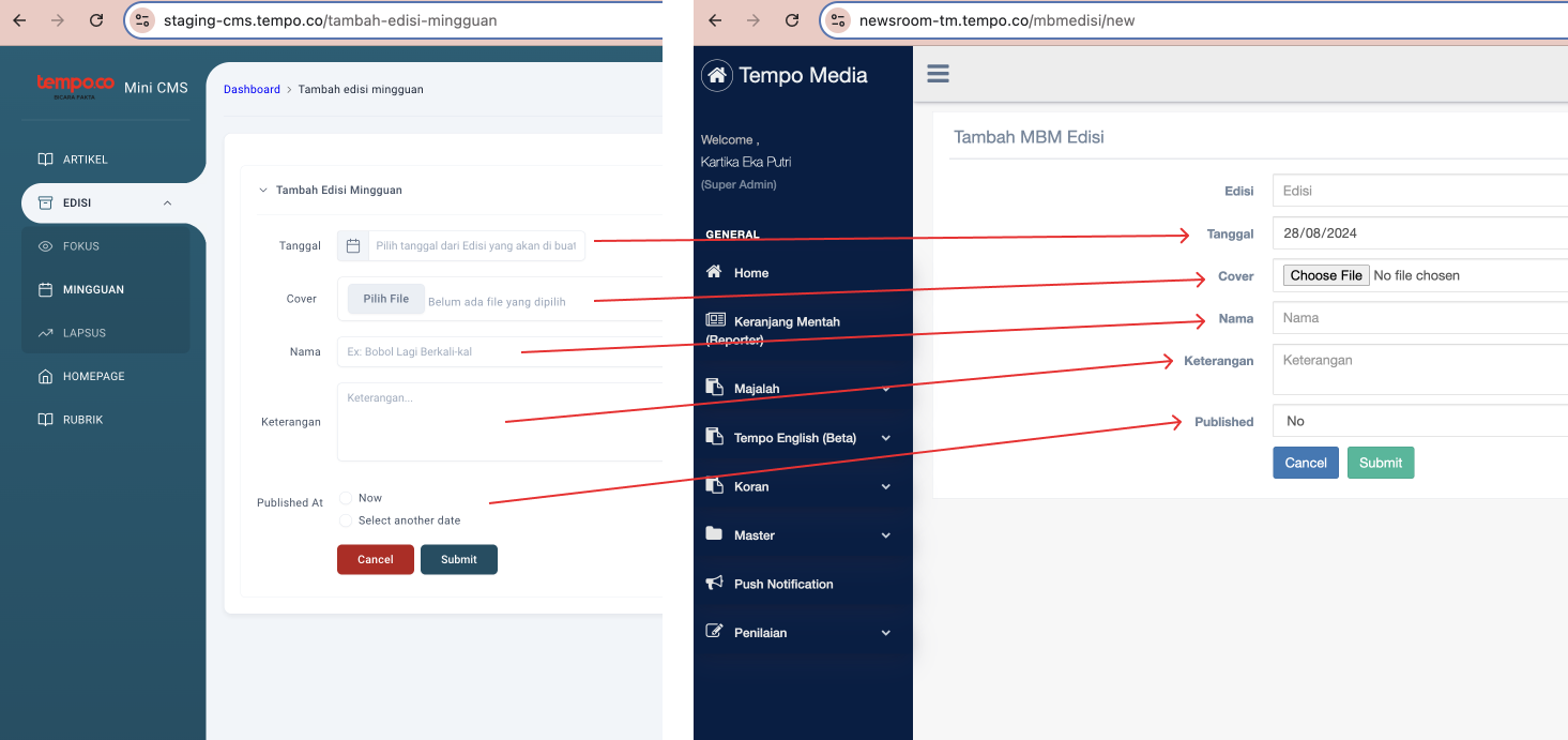 Step #5: Input field/form, menyesuaikan dengan Edisi yang telah dibuat sebelumnya di MBM Edisi | Newsroom.