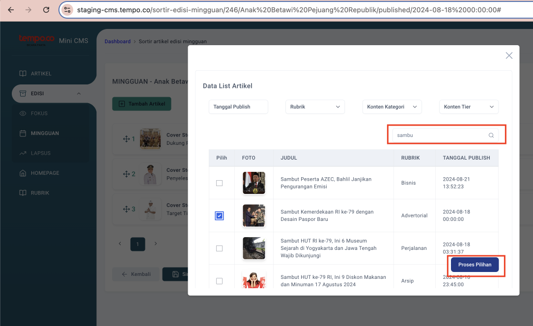 Step #9: Search artikel yang diinginkan, lalu pilih artikel tersebut dan klik 'Proses Pilihan'