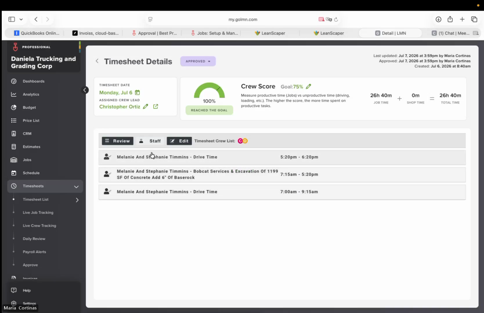 Step #18: Review the crew list and logged time entries for accuracy.