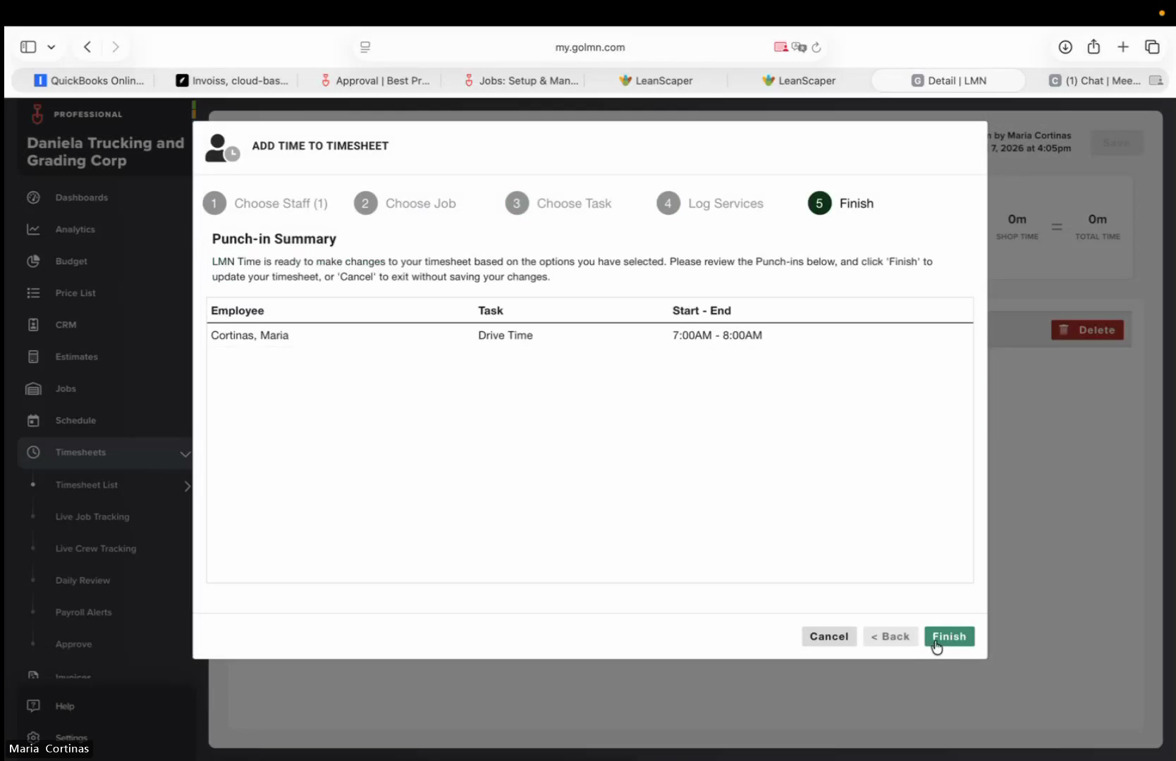Step #15: On the Punch-in Summary modal, click Finish to save the entry.