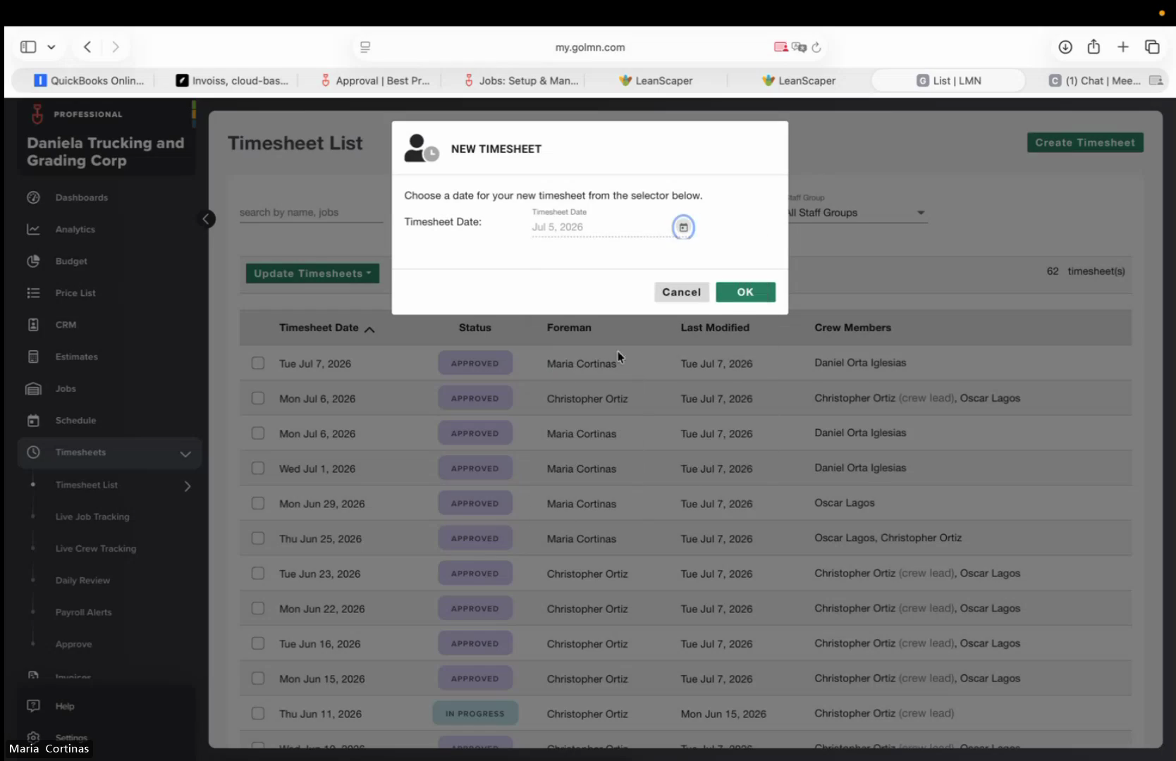 Step #3: Confirm the date in the New Timesheet modal and click OK.