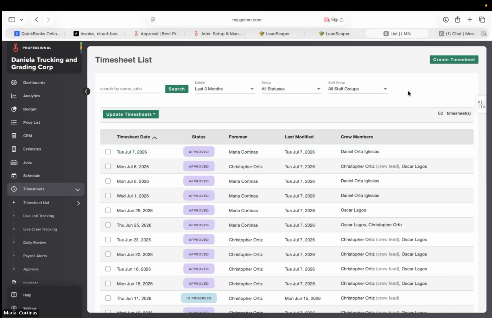 Step #2: Click Create Timesheet in the top right corner.