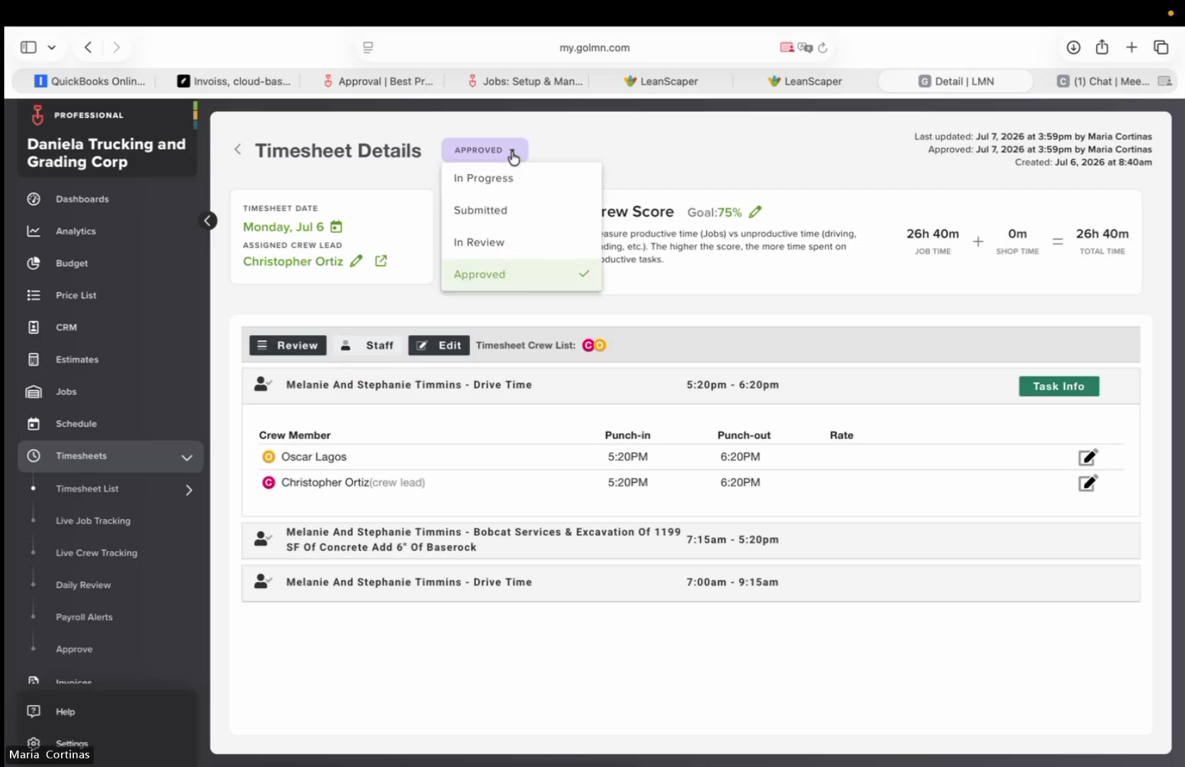 Step #19: Change the timesheet status by choosing Approved from the dropdown menu.