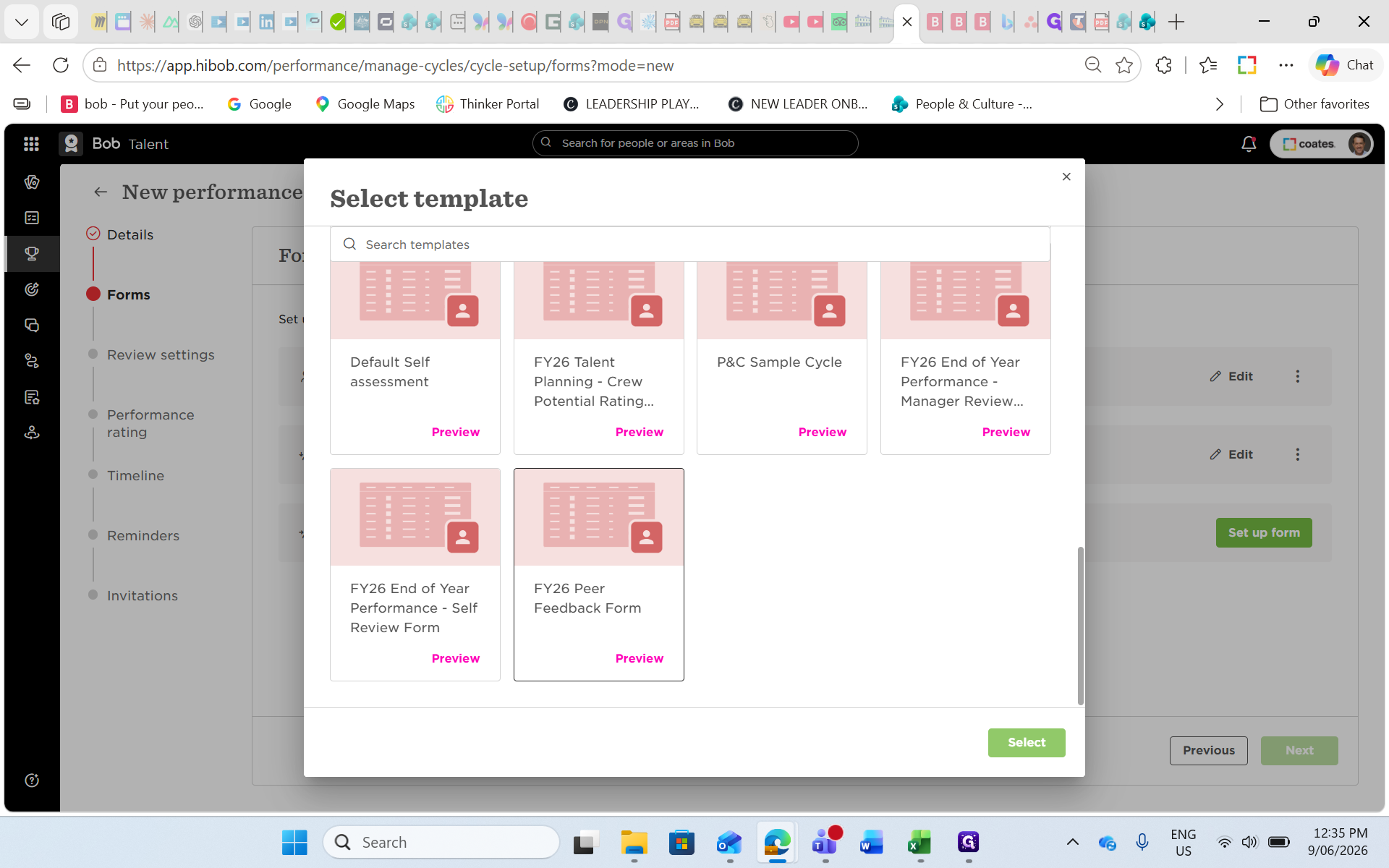 Step #32: Choose your Peer Feedback template and click Select.