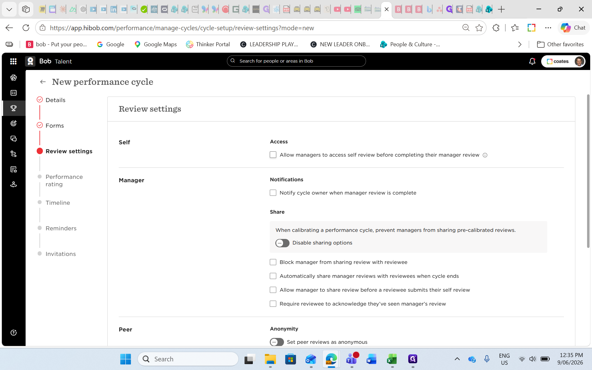 Step #35: Check Allow managers to access self review before completing so managers have appropriate context.