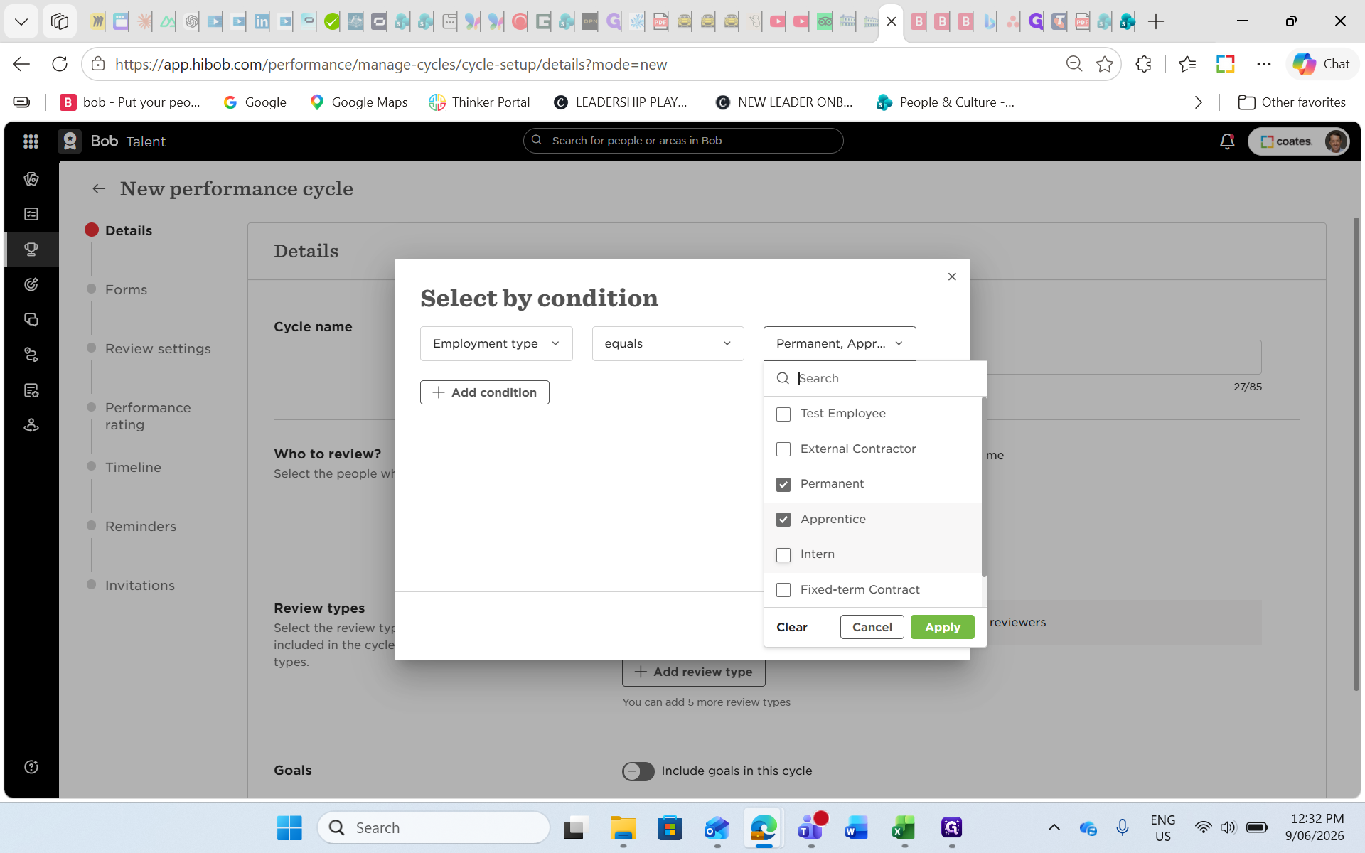 Step #10: Click the value dropdown and select the relevant employment types (e.g., Permanent, Intern, Fixed-term Contract).