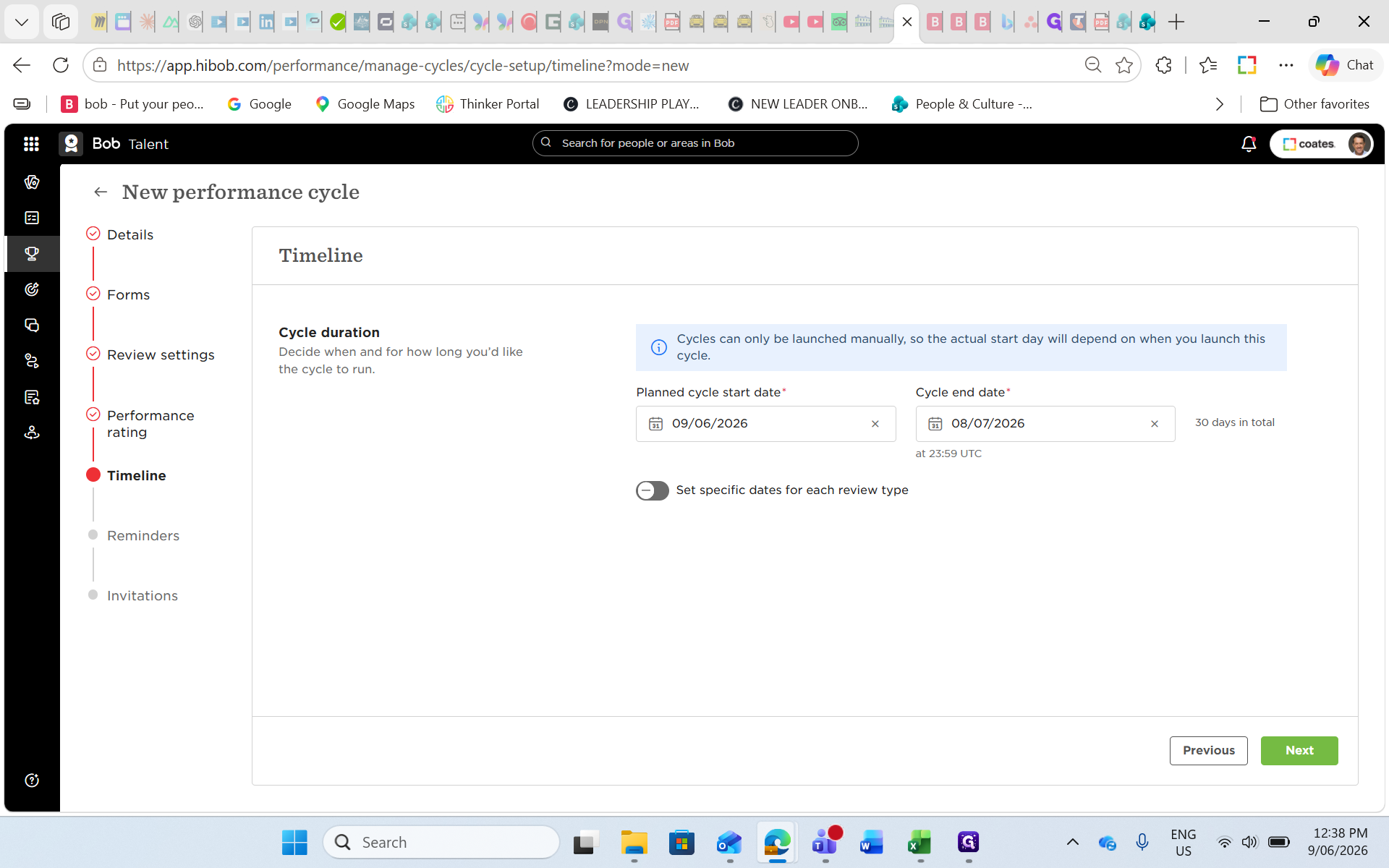 Step #43: Select the primary Planned cycle start date and Cycle end date for the entire review event.