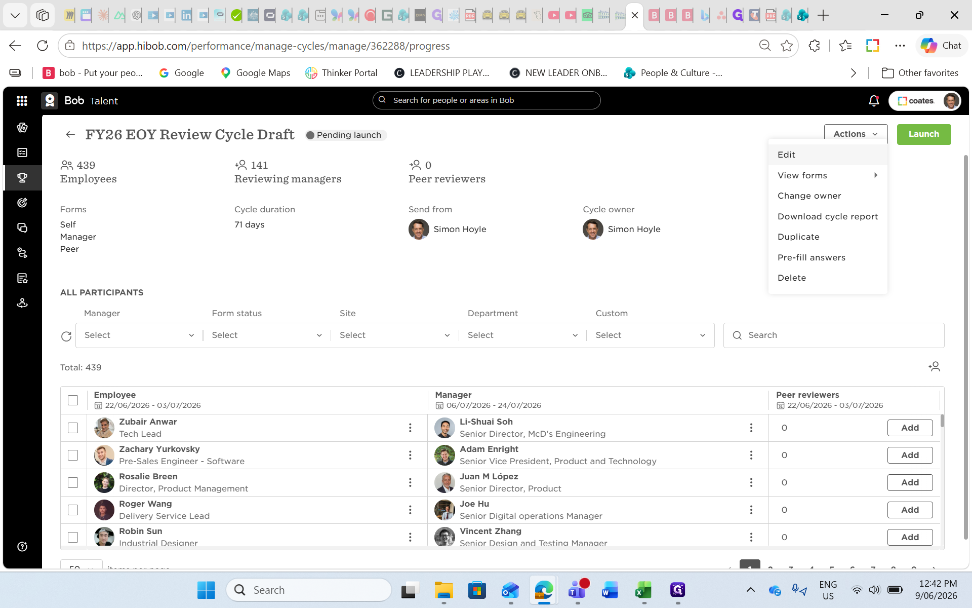 Step #50: To modify the cycle before launch, click Actions and select Edit.