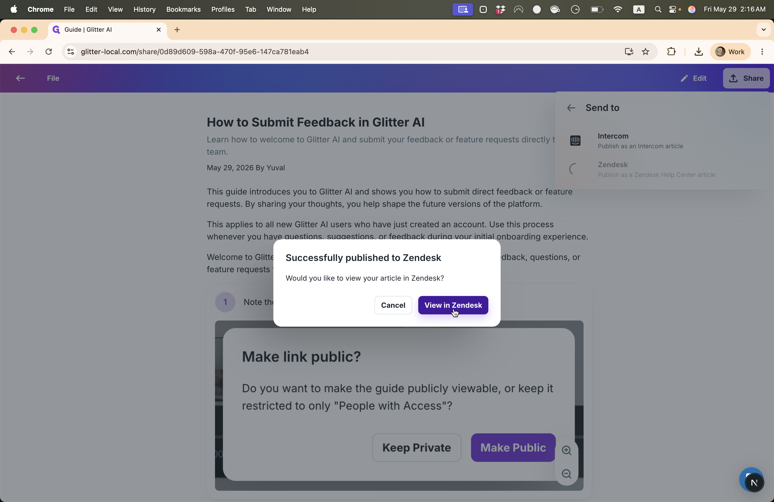 Step #18: Click View in Zendesk on the success confirmation to open your fully formatted article in your Zendesk workspace.