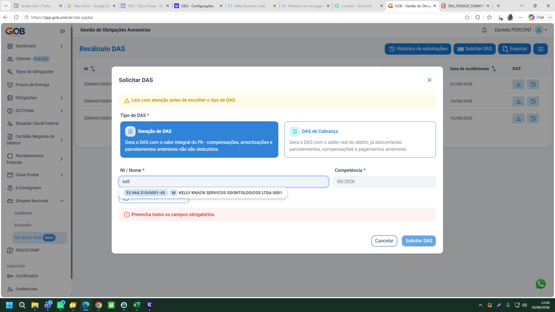 Step #6: Clique sobre o nome da empresa desejada na lista suspensa (ex: KELLY KNACK SERVICOS ODONTOLOGICOS LTDA).