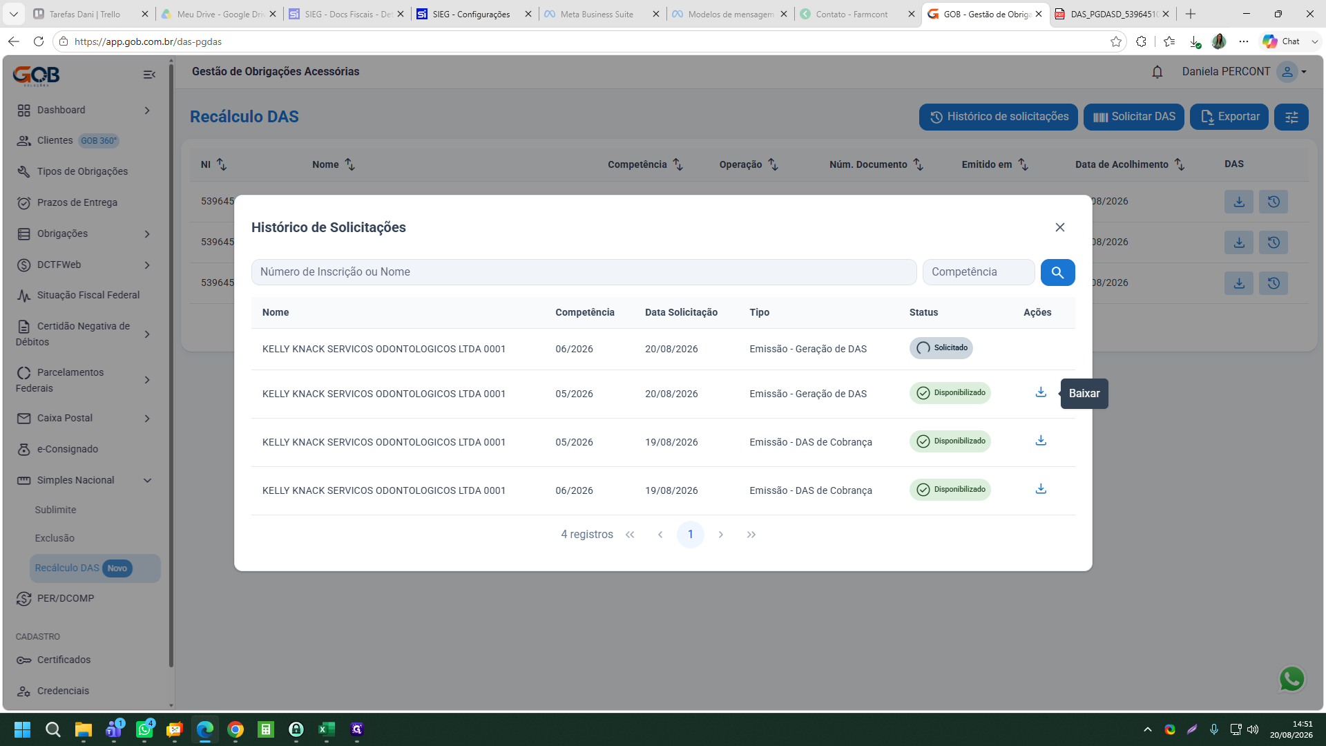 Step #11: No modal de Histórico de Solicitações, localize a linha recém-gerada e clique no botão de download (→) na coluna de ações.