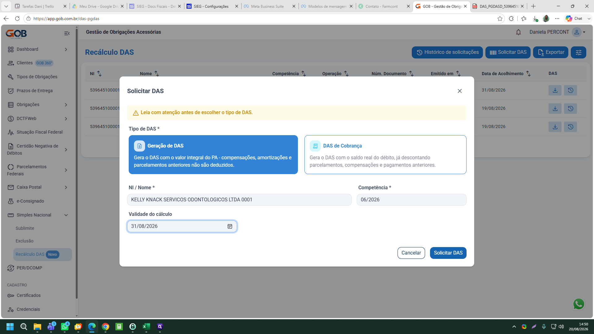 Step #10: Clique no botão Solicitar DAS no canto inferior direito para processar o pedido.